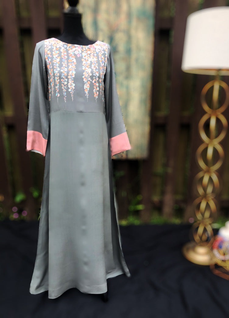 Beautiful crepe silk dress with an original Thread Palette London print. The light gray and pale pink combo is sure to make a statement. 