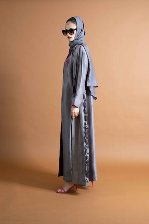 Metallic Grey Raw Silk Abaya Coat