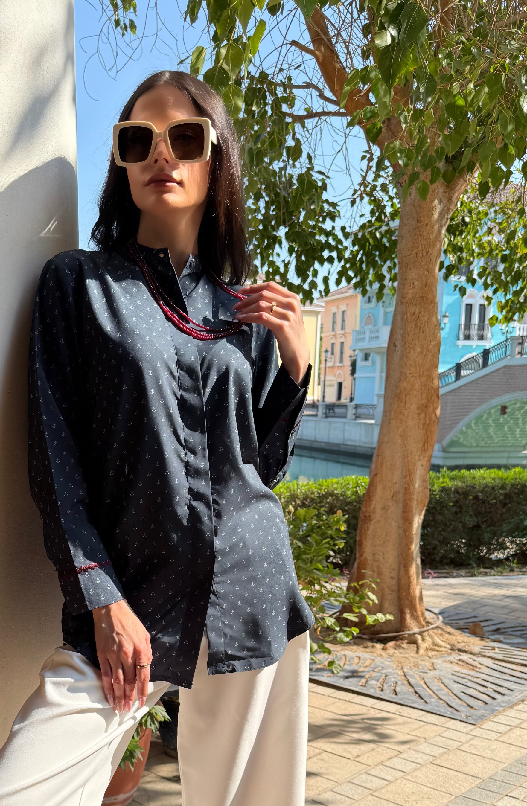 Navy Nautical Print Button Down Tunic