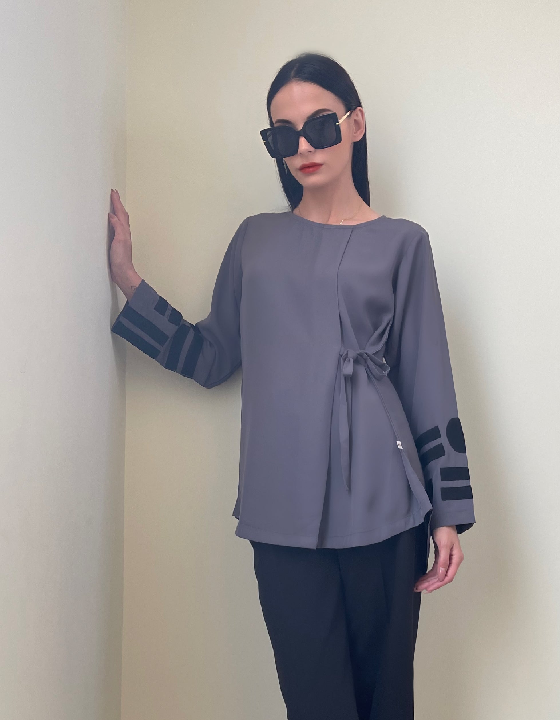 Grey and Black Appliqué Side Tie Tunic