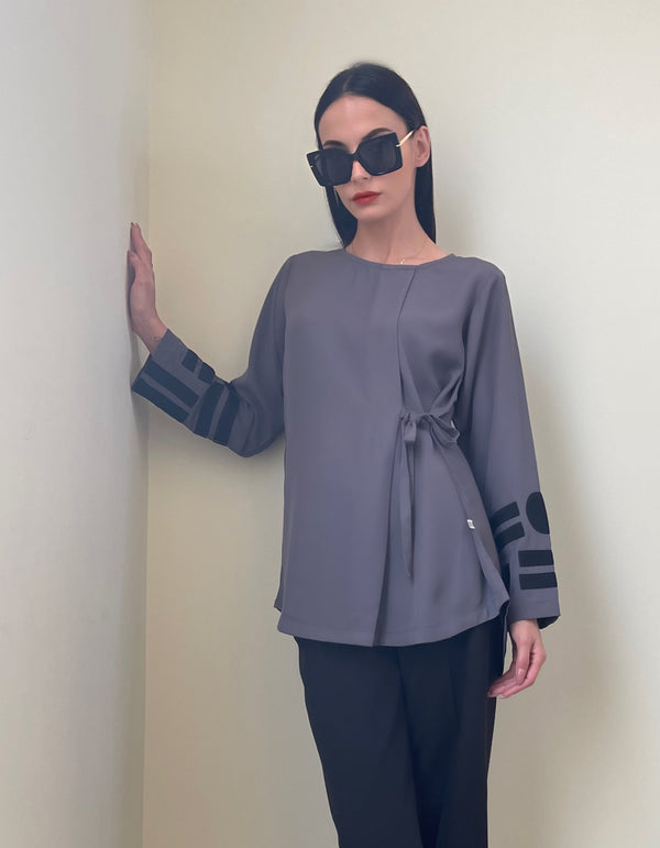 Grey and Black Appliqué Side Tie Tunic