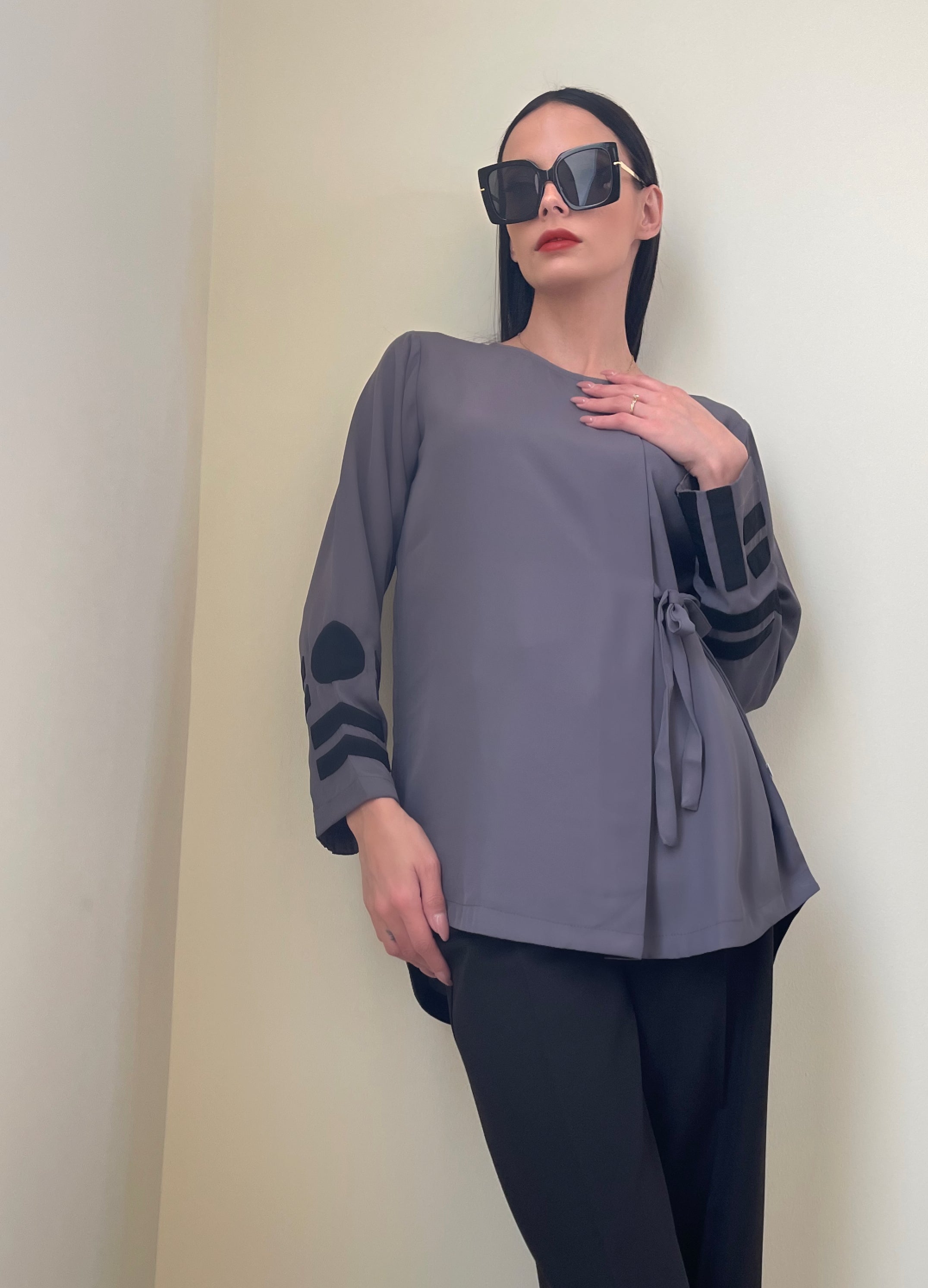 Grey and Black Appliqué Side Tie Tunic