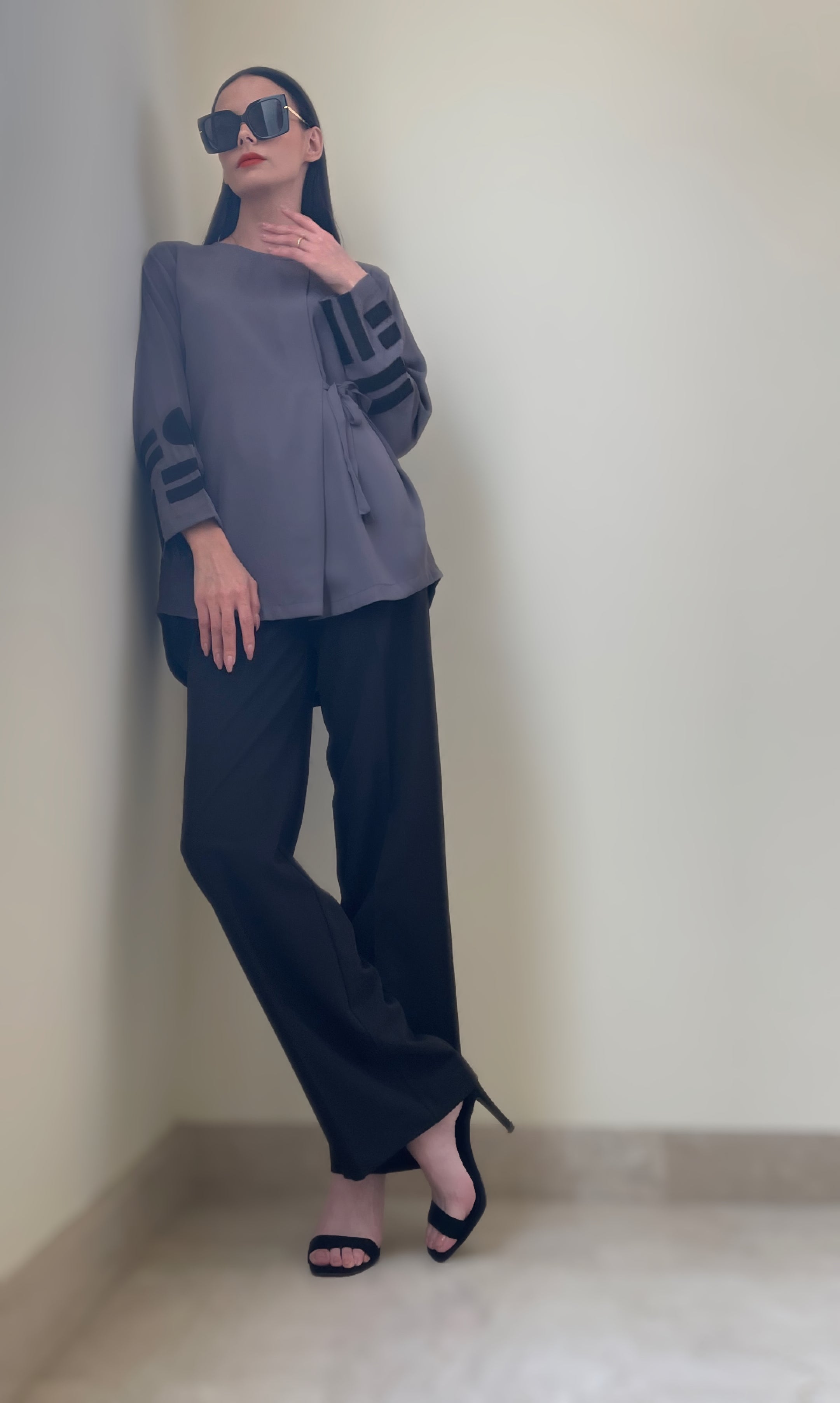 Grey and Black Appliqué Side Tie Tunic