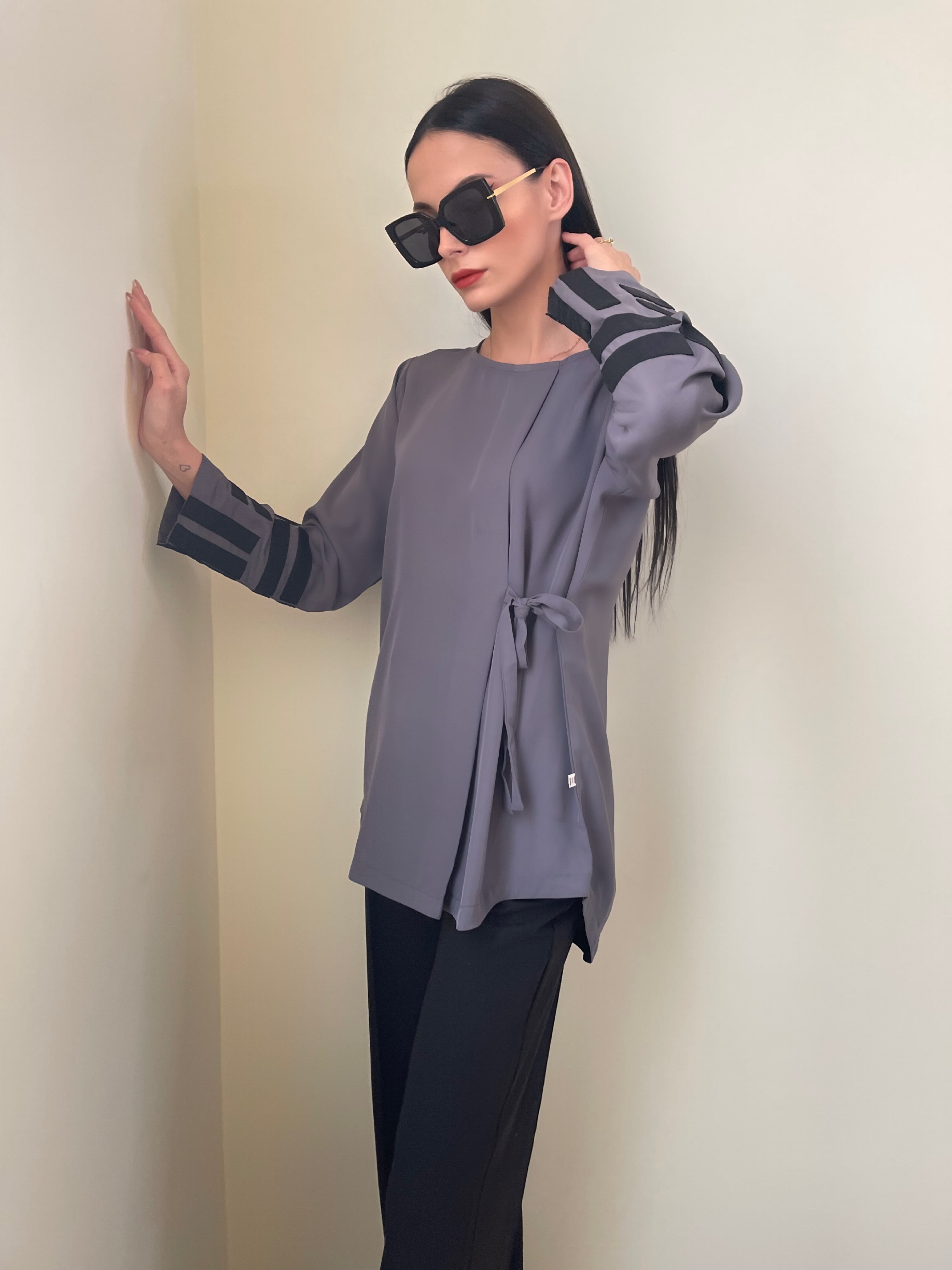 Grey and Black Appliqué Side Tie Tunic