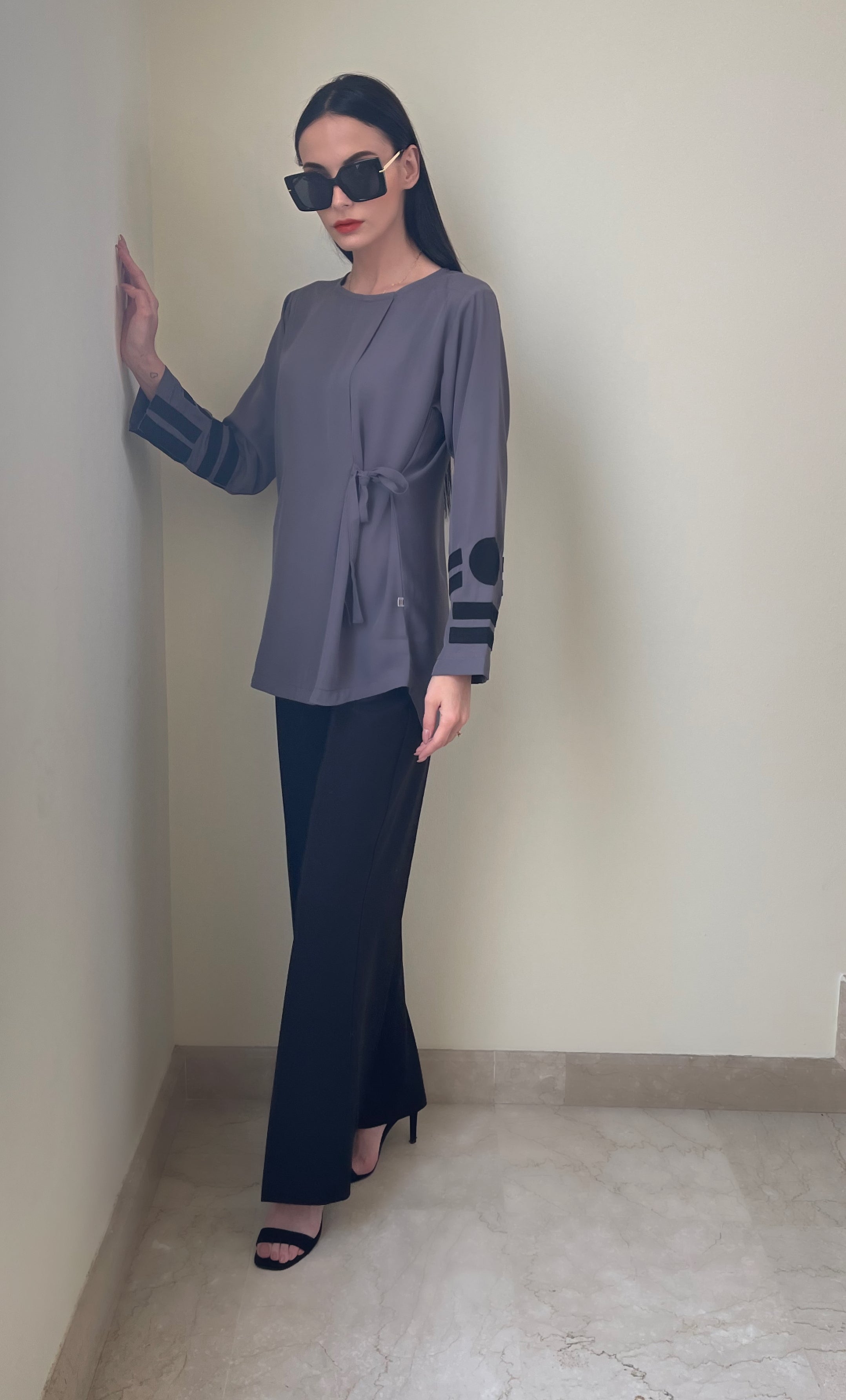 Grey and Black Appliqué Side Tie Tunic