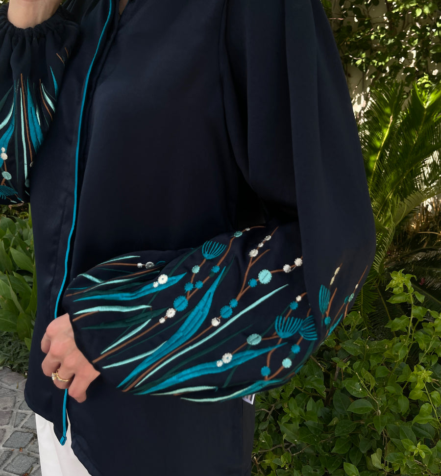 Velvety Silk Embroidered Sleeve Tunic