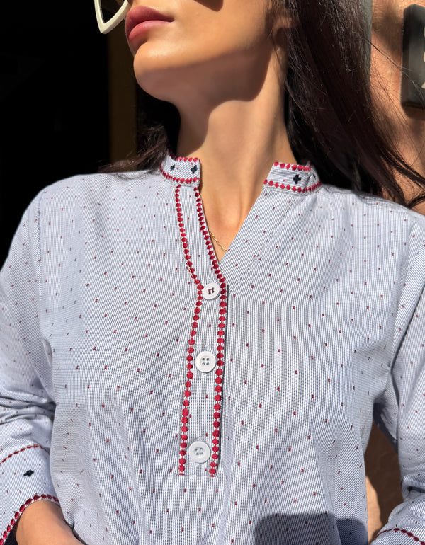 Light Blue Tunic with Red Embroidery
