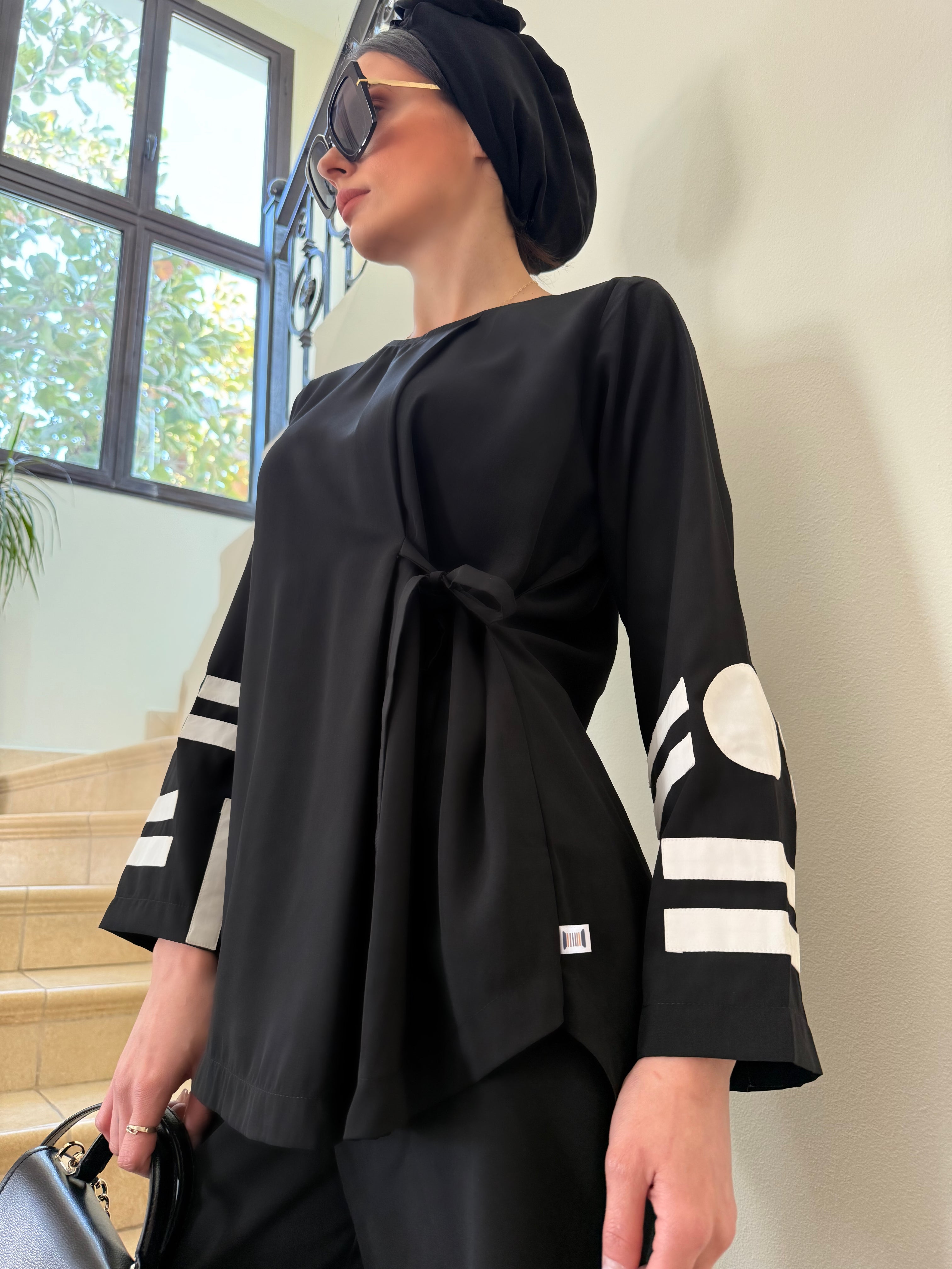 Black Side-Tie Appliqué Tunic