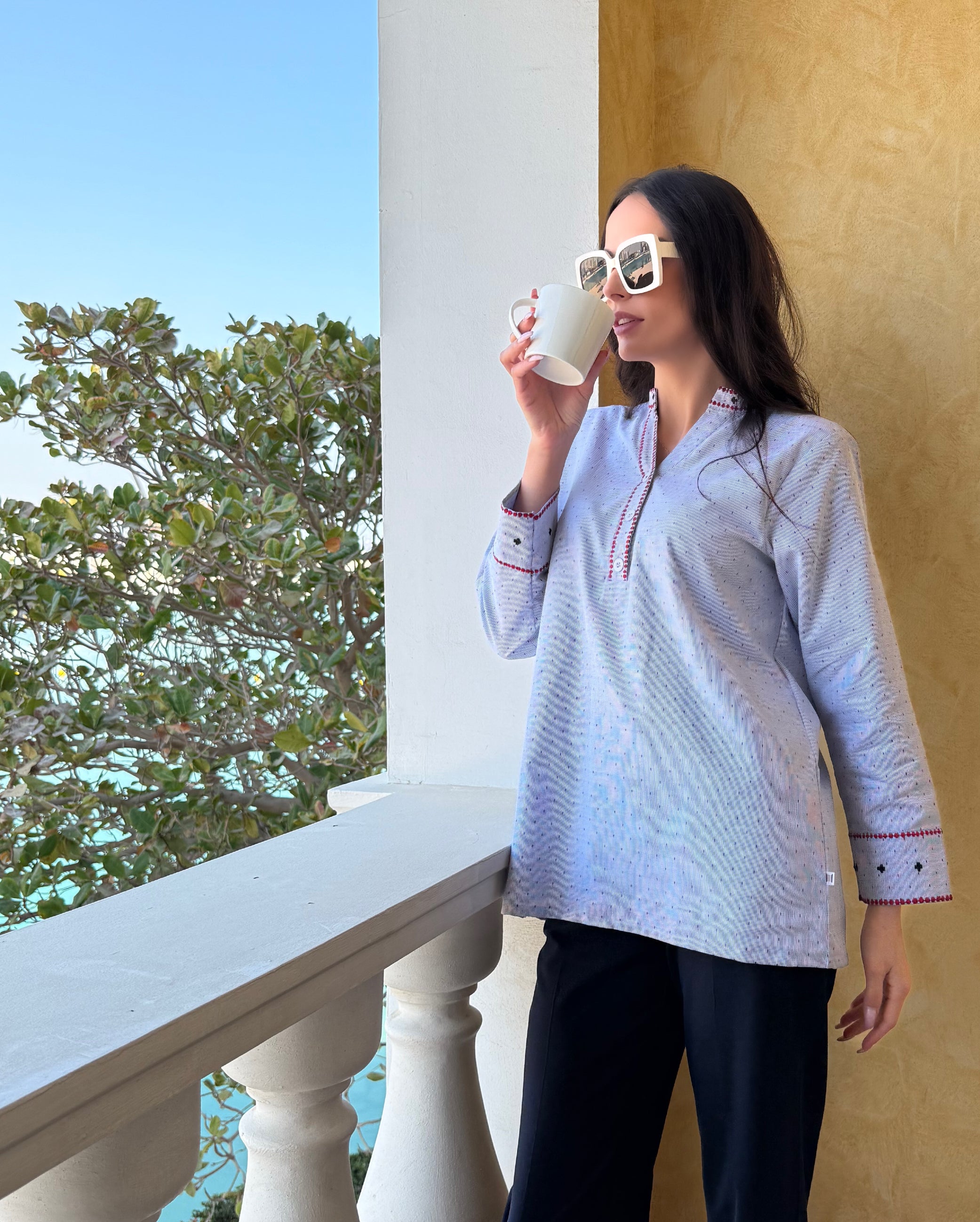 Light Blue Tunic with Red Embroidery