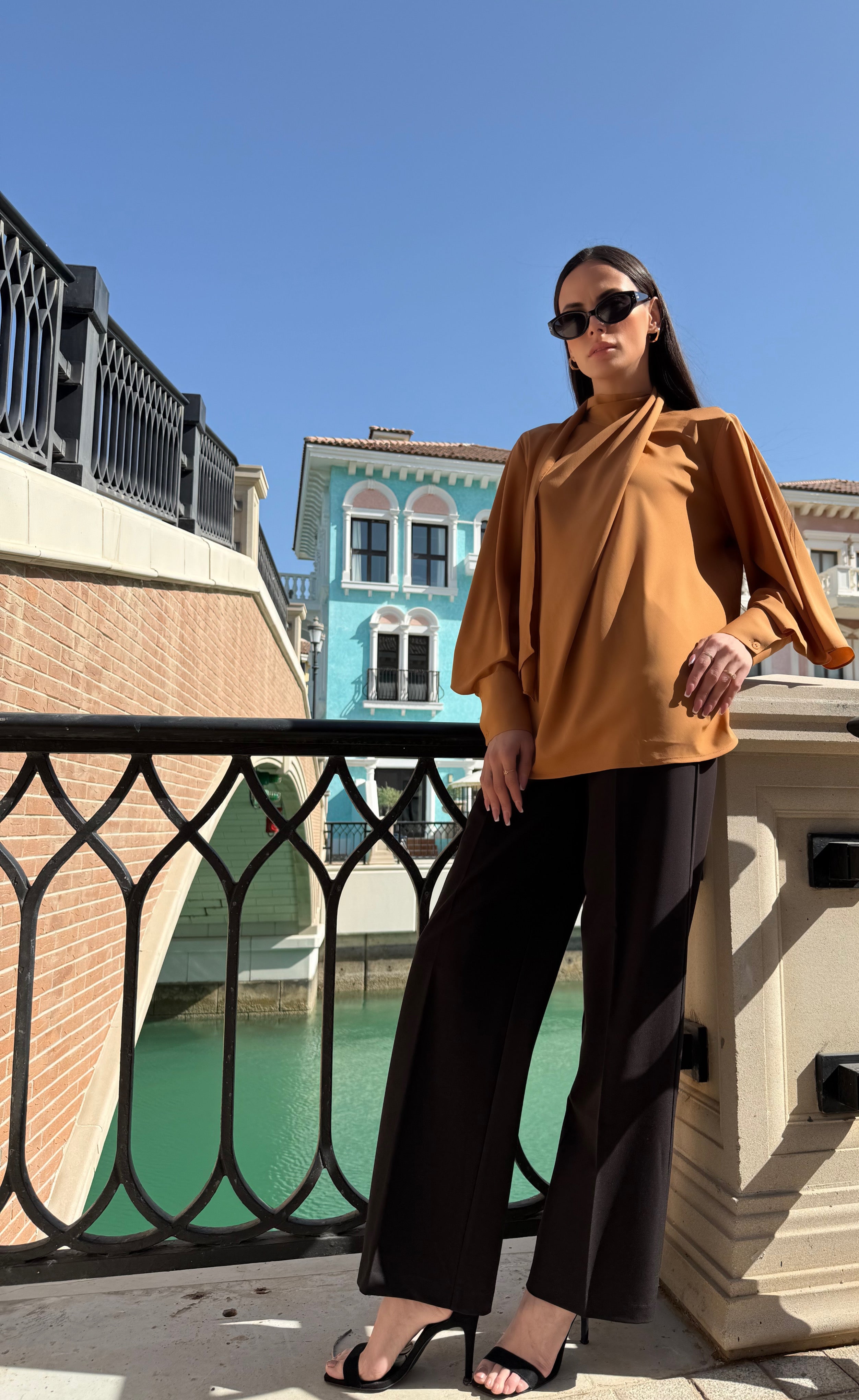 Burnt orange scarf detail blouse