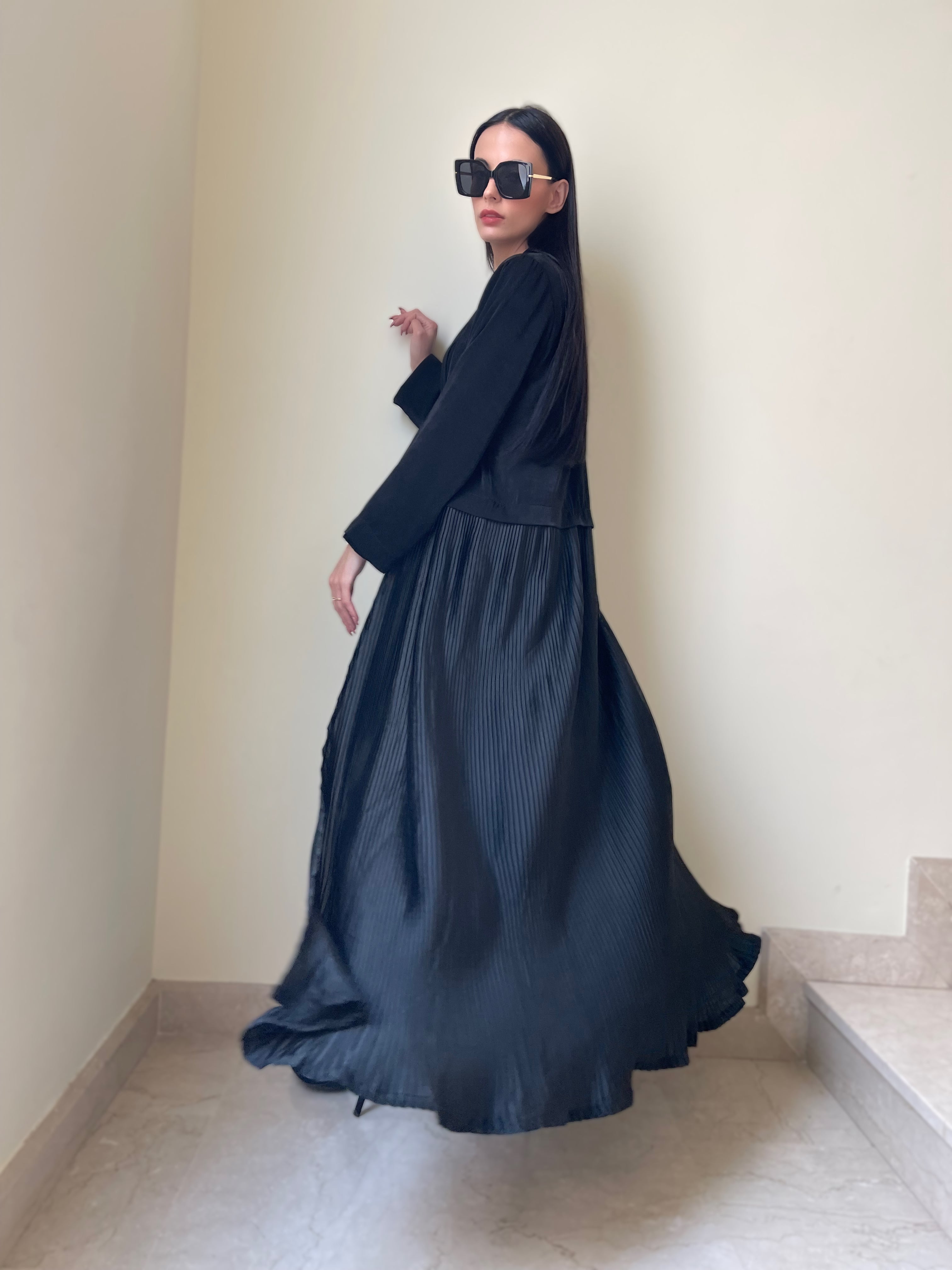 Black Velvet  and Pleated Silk Abaya