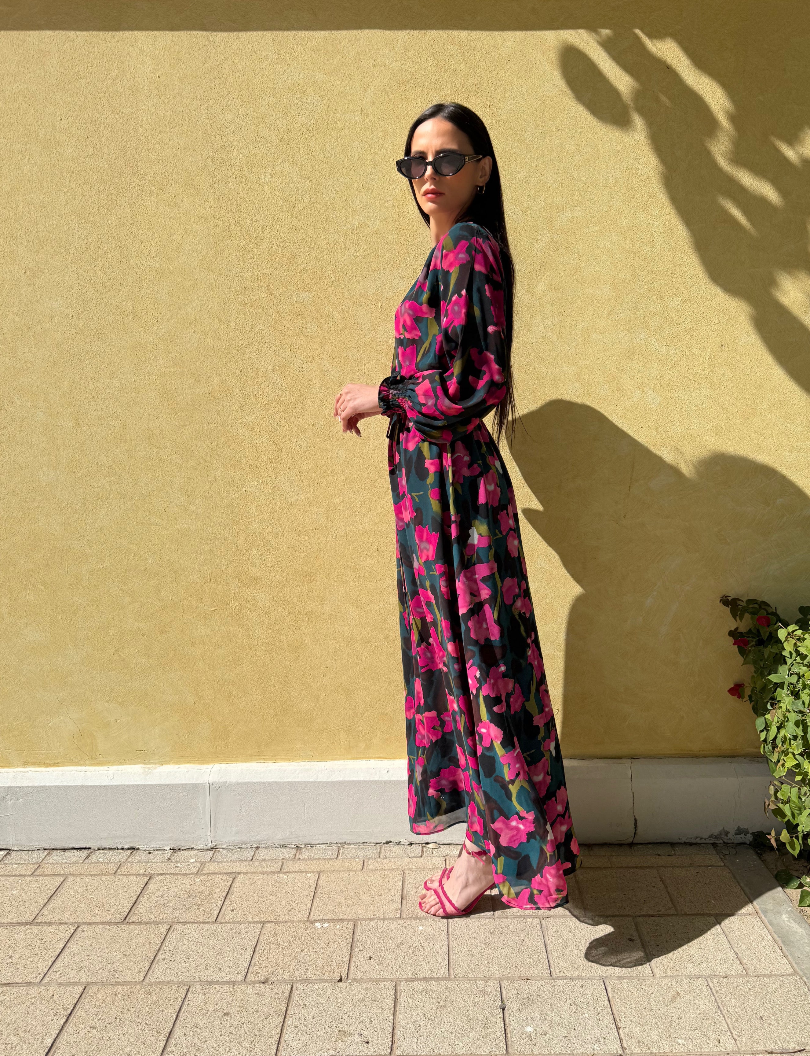 pink and black chiffon dress FLildon Women Chiffon Dress Elegant Bows Pink Black 3/4 Sleeve V Neck Tunic Dresses Summer Dress at Amazon Women's Clothing store