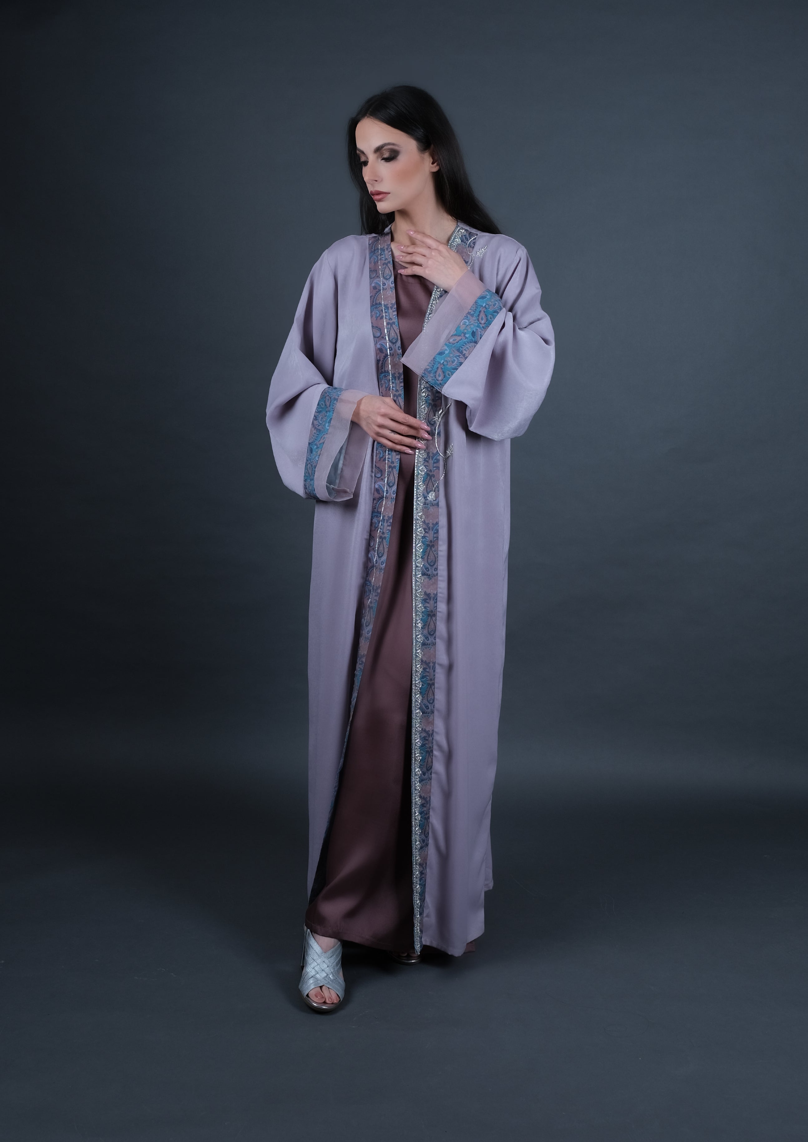 Lilac Velvet Silk Abaya and Dress Set