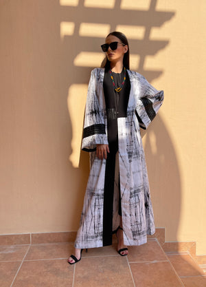 White and Black Print Abaya