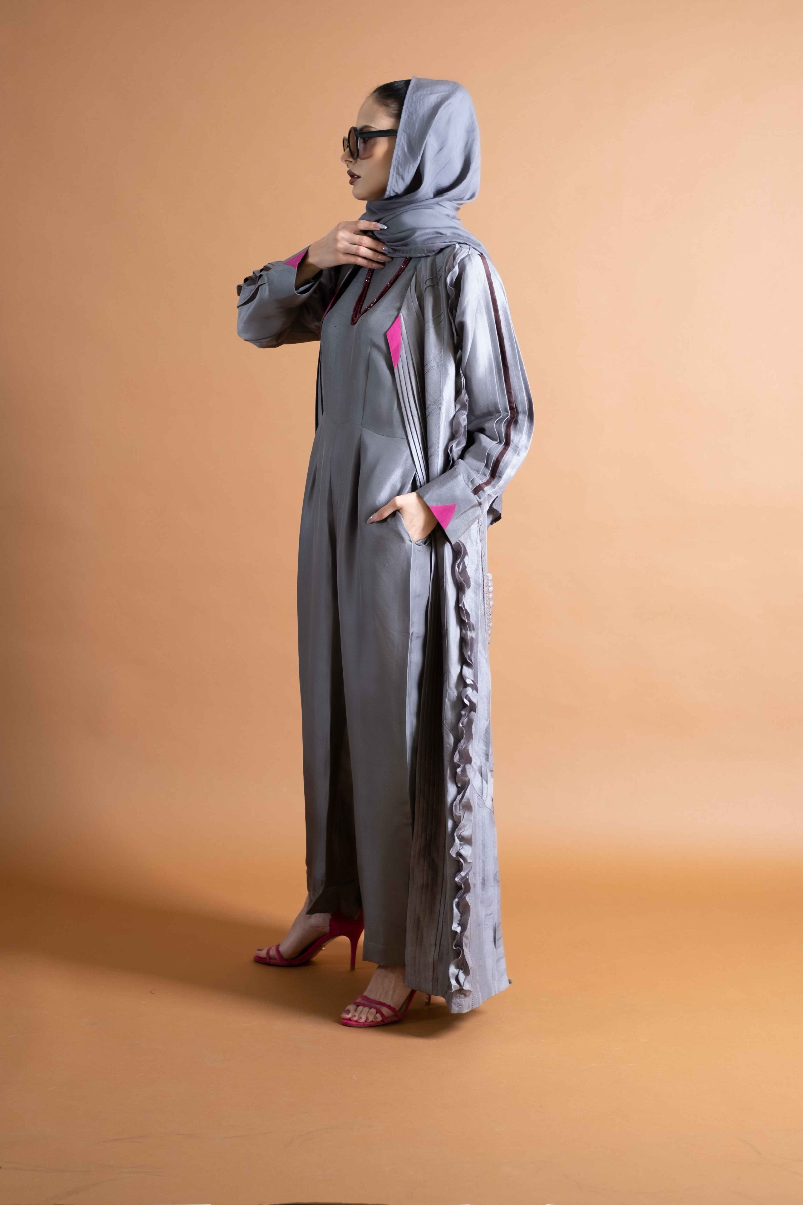 Metallic Grey Raw Silk Abaya Coat