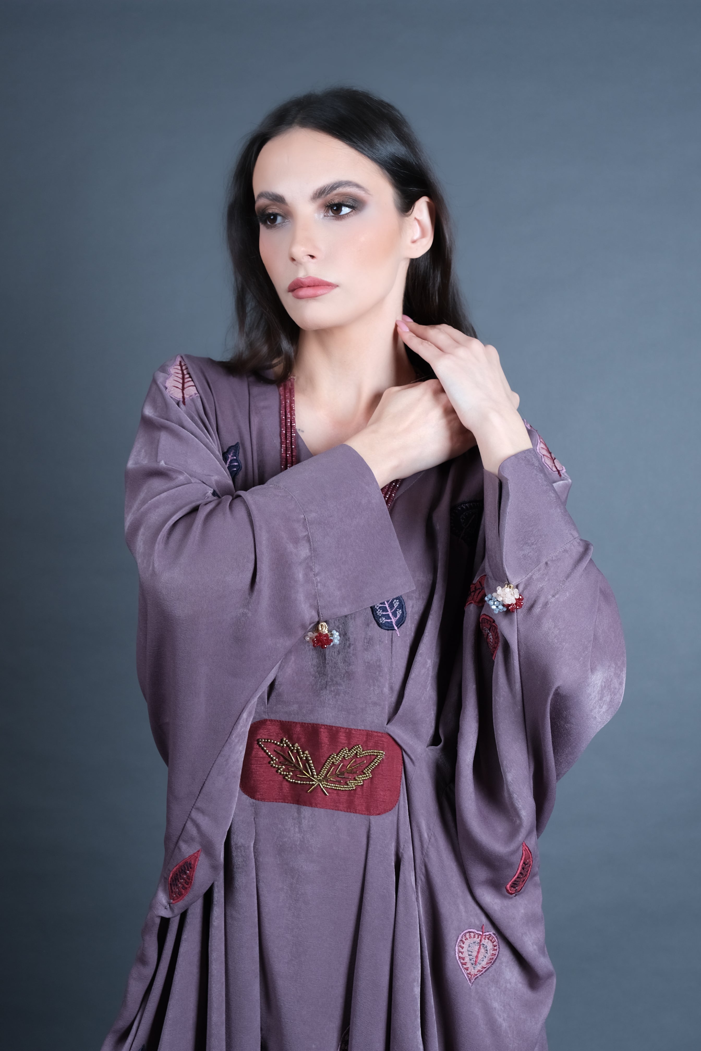 Taupe Velvet Silk Appliqué Kaftan