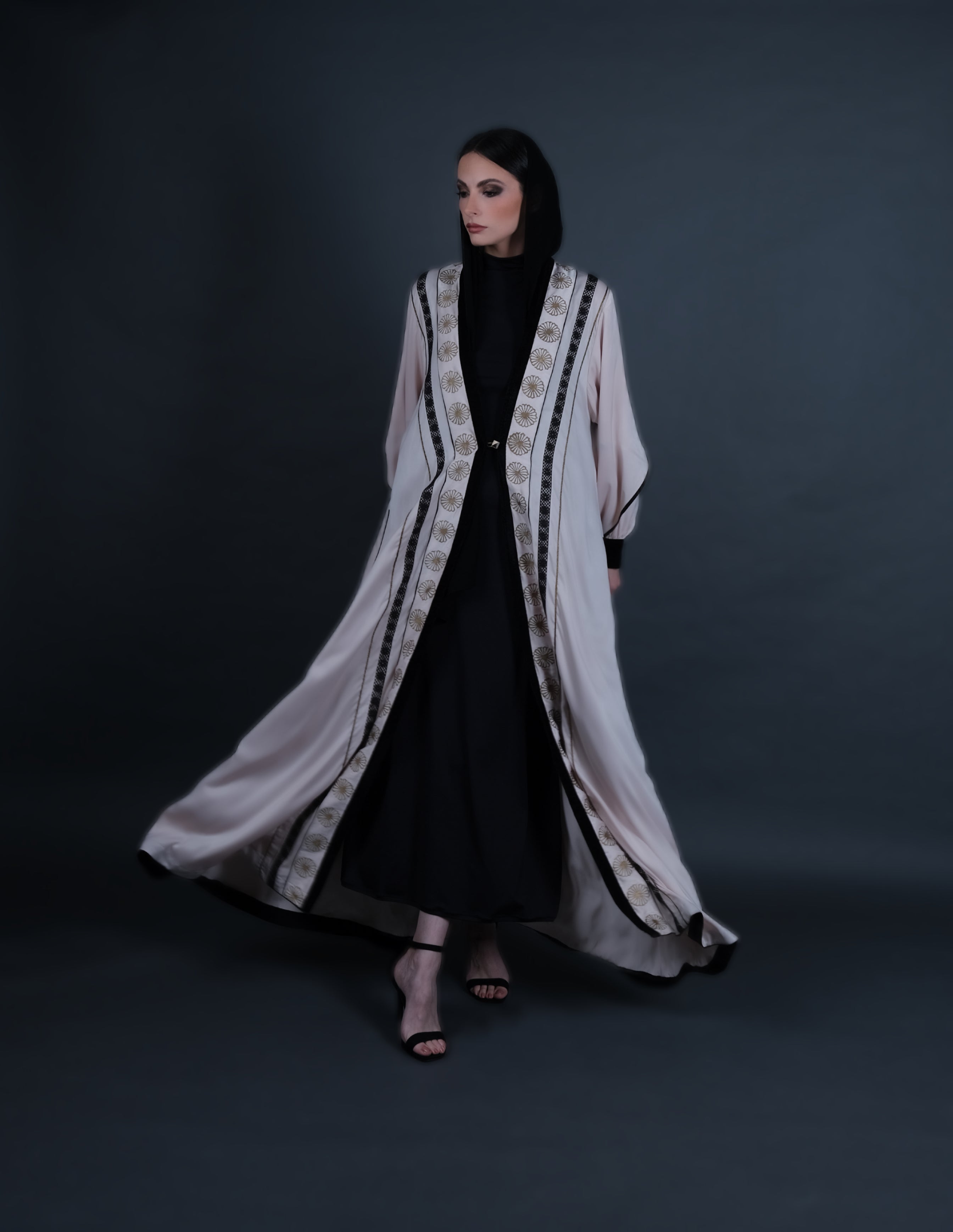 Ivory Velvet Silk Block Printed Abaya