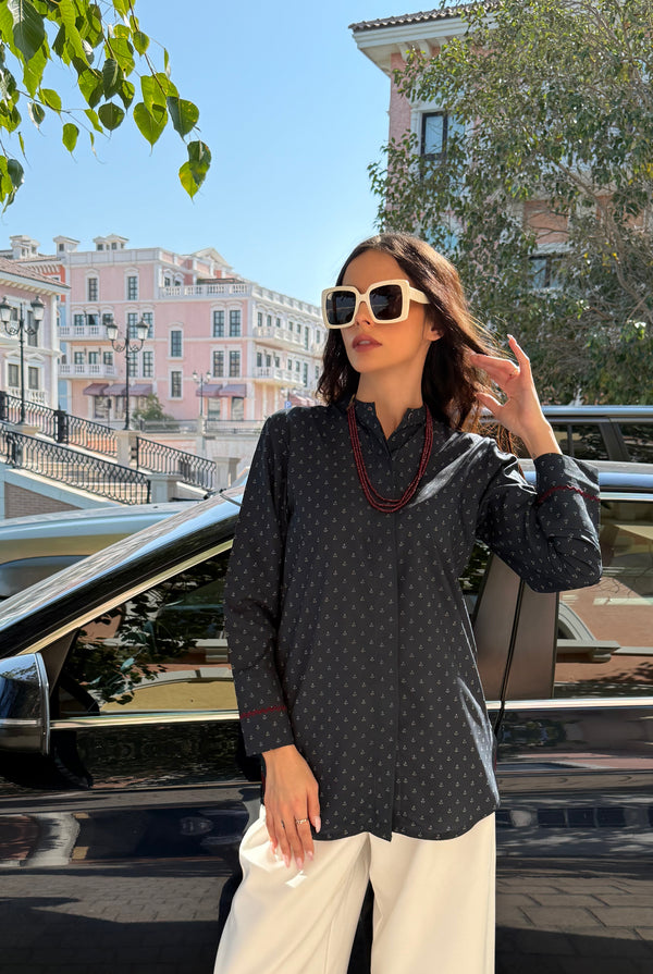 Navy Nautical Print Button Down Tunic