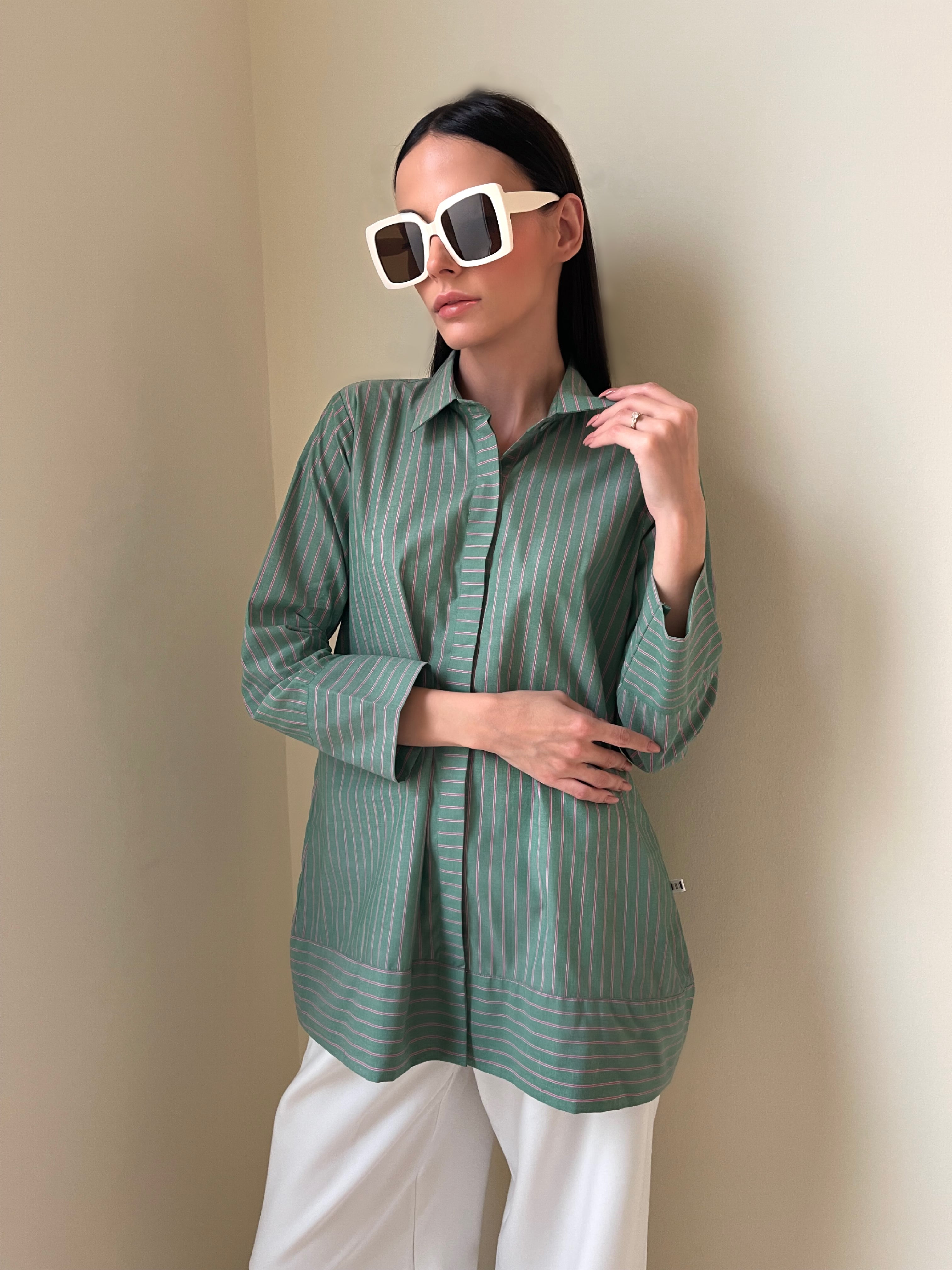 Green and Pink Striped A-Line Cotton Tunic