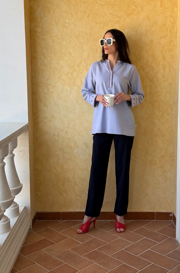 Light Blue Tunic with Red Embroidery