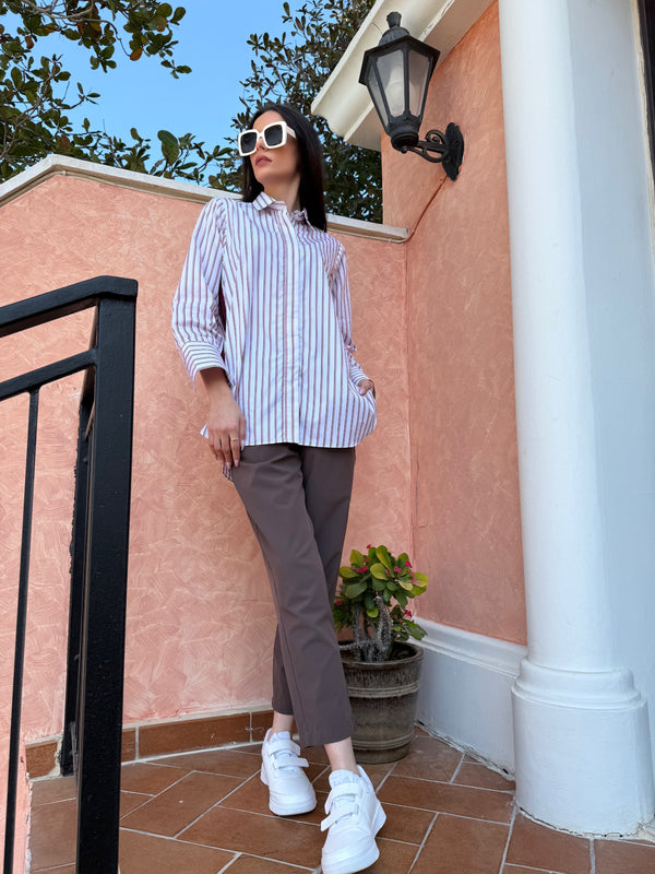 Pink and Brown Striped Button Down Shirt