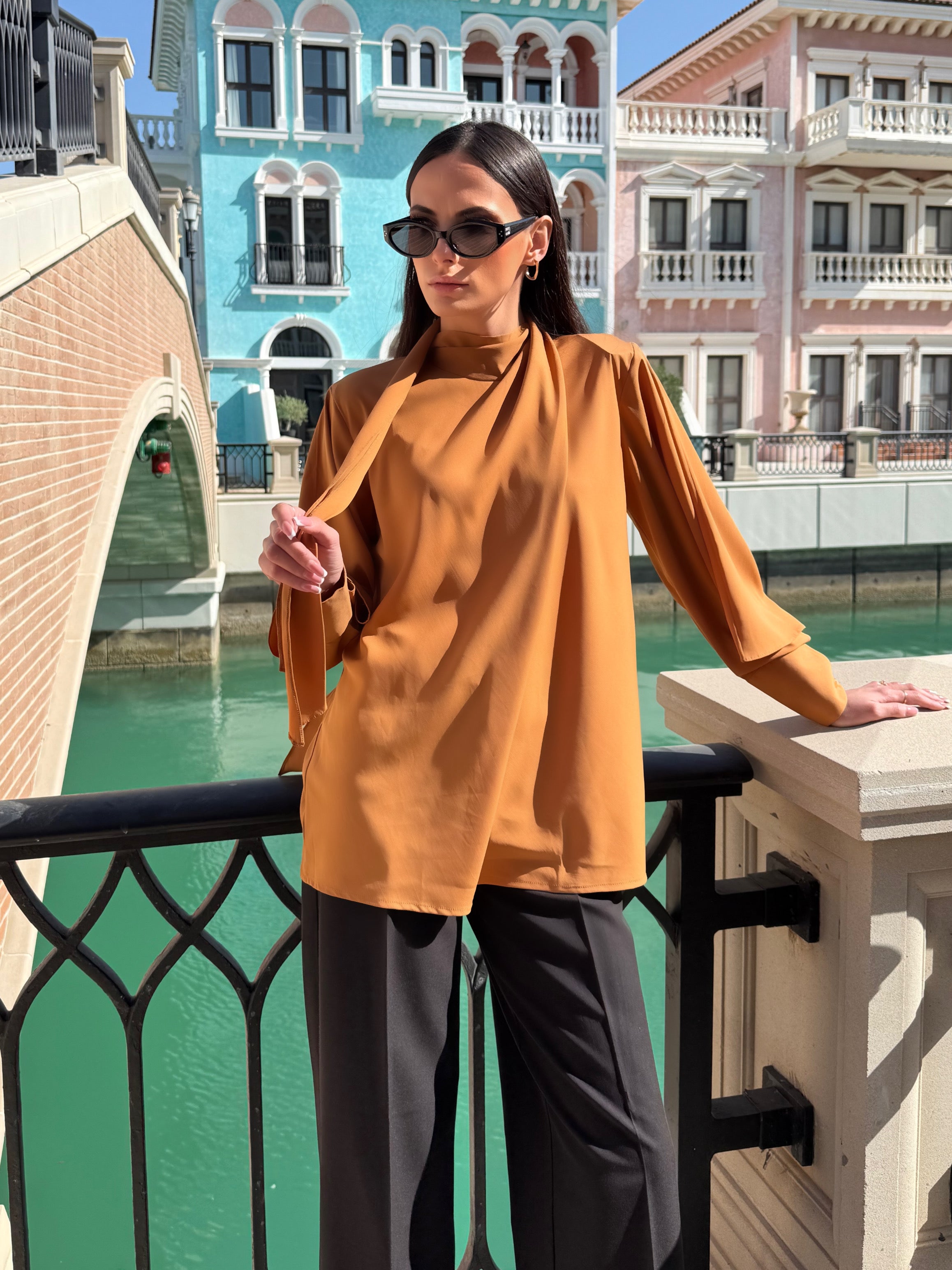Burnt orange scarf detail blouse
