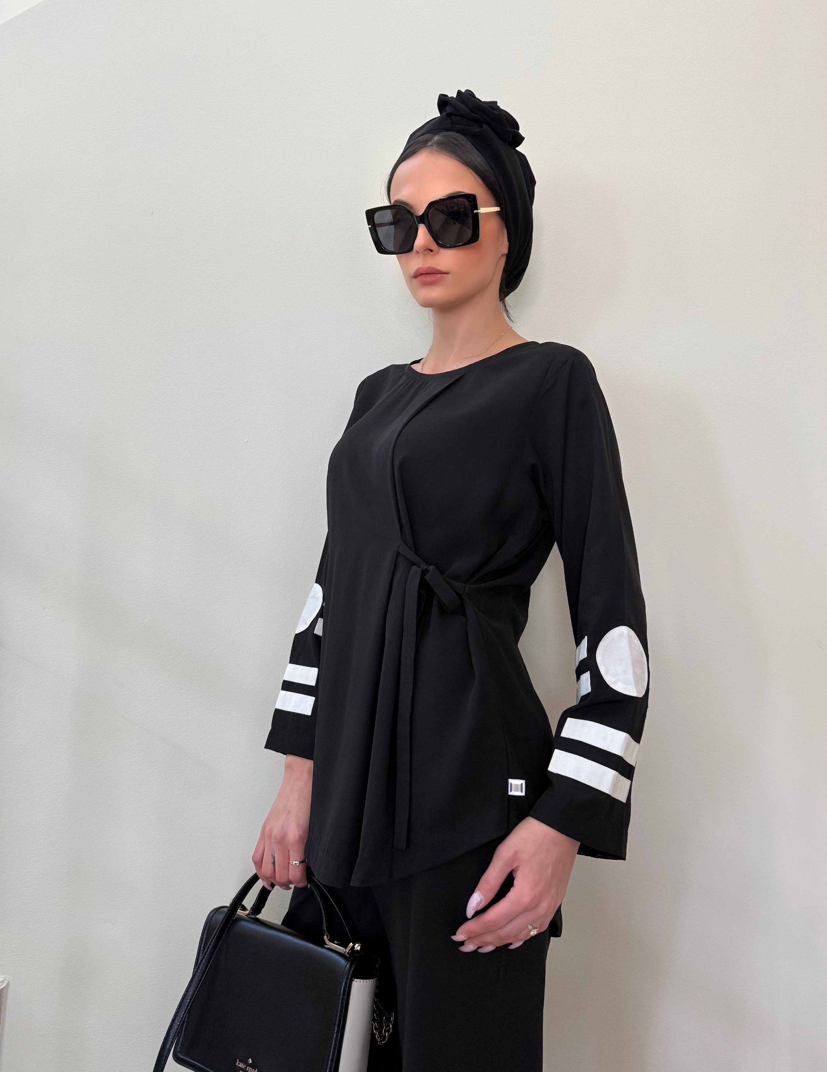 Black Side-Tie Appliqué Tunic