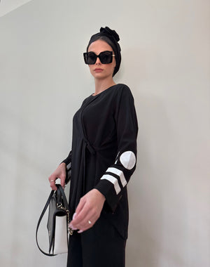 Black Side-Tie Appliqué Tunic