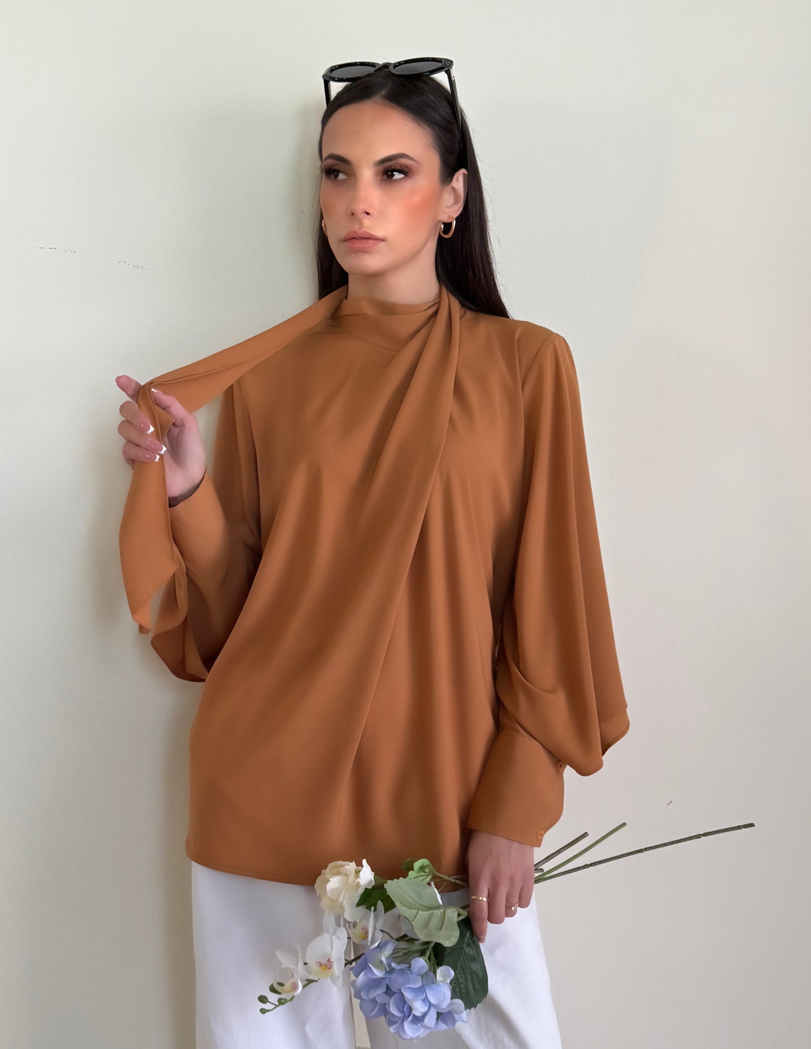 Burnt orange scarf detail blouse