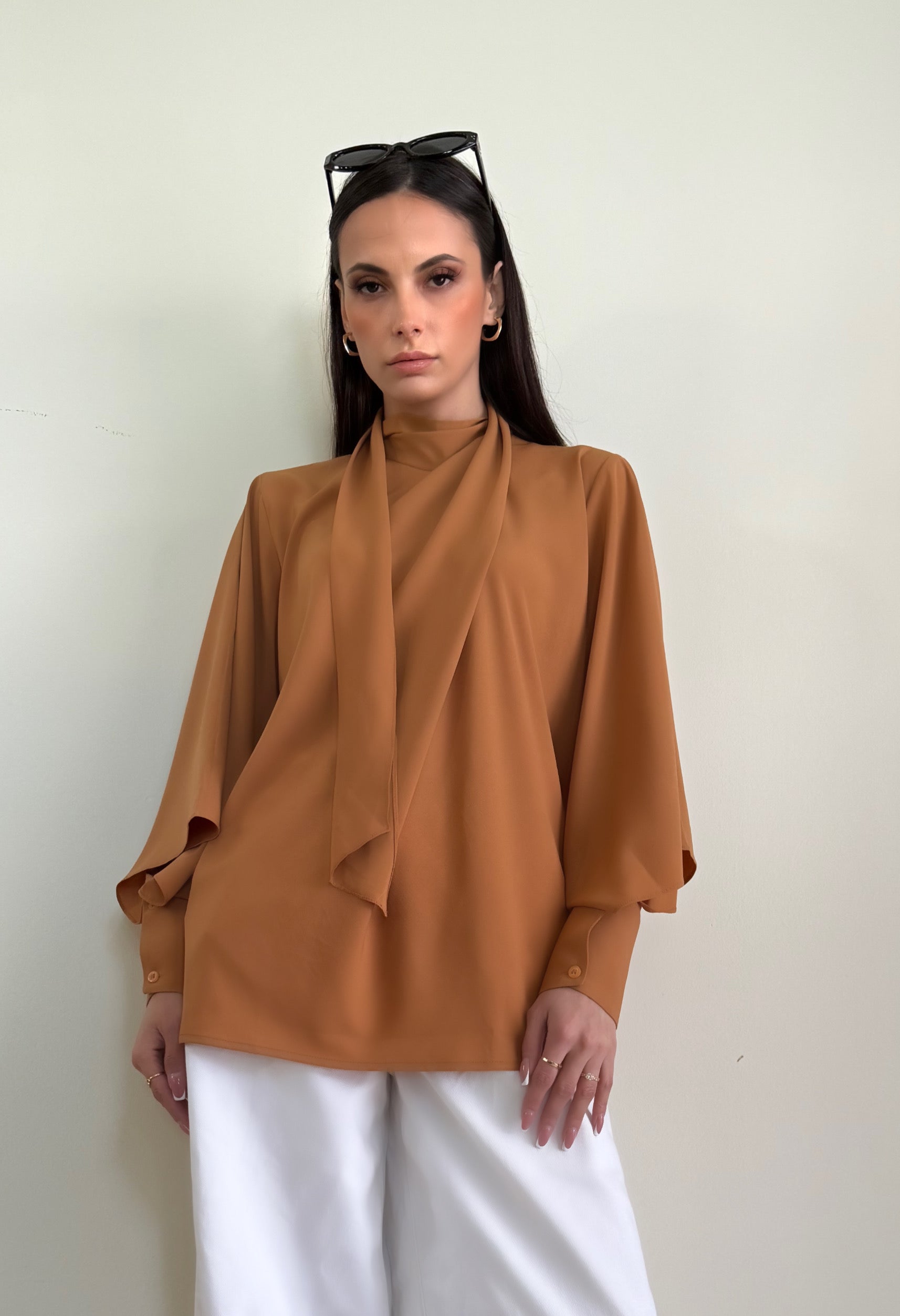Burnt orange scarf detail blouse