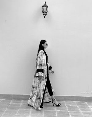 White and Black Print Abaya