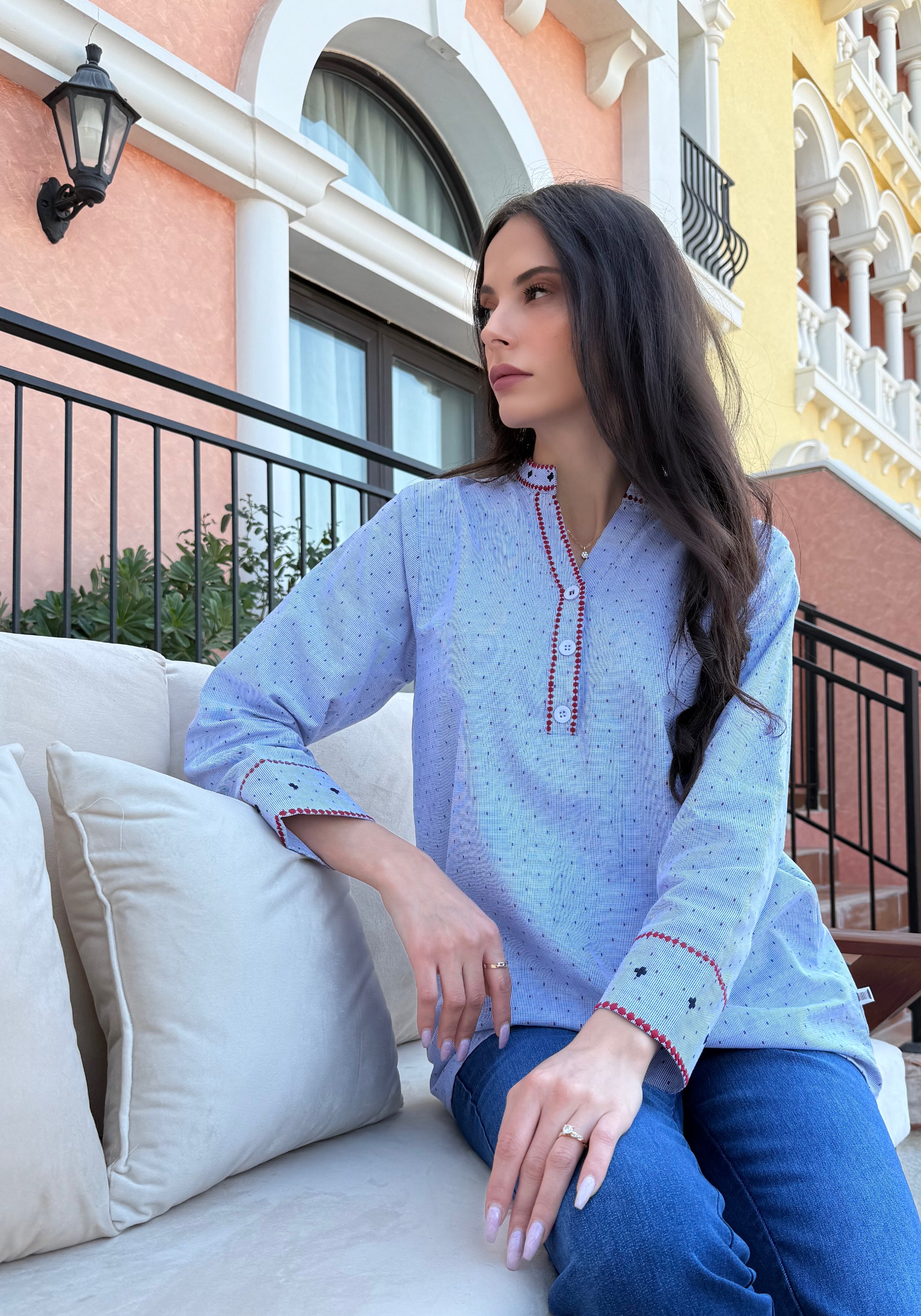 Light Blue Tunic with Red Embroidery