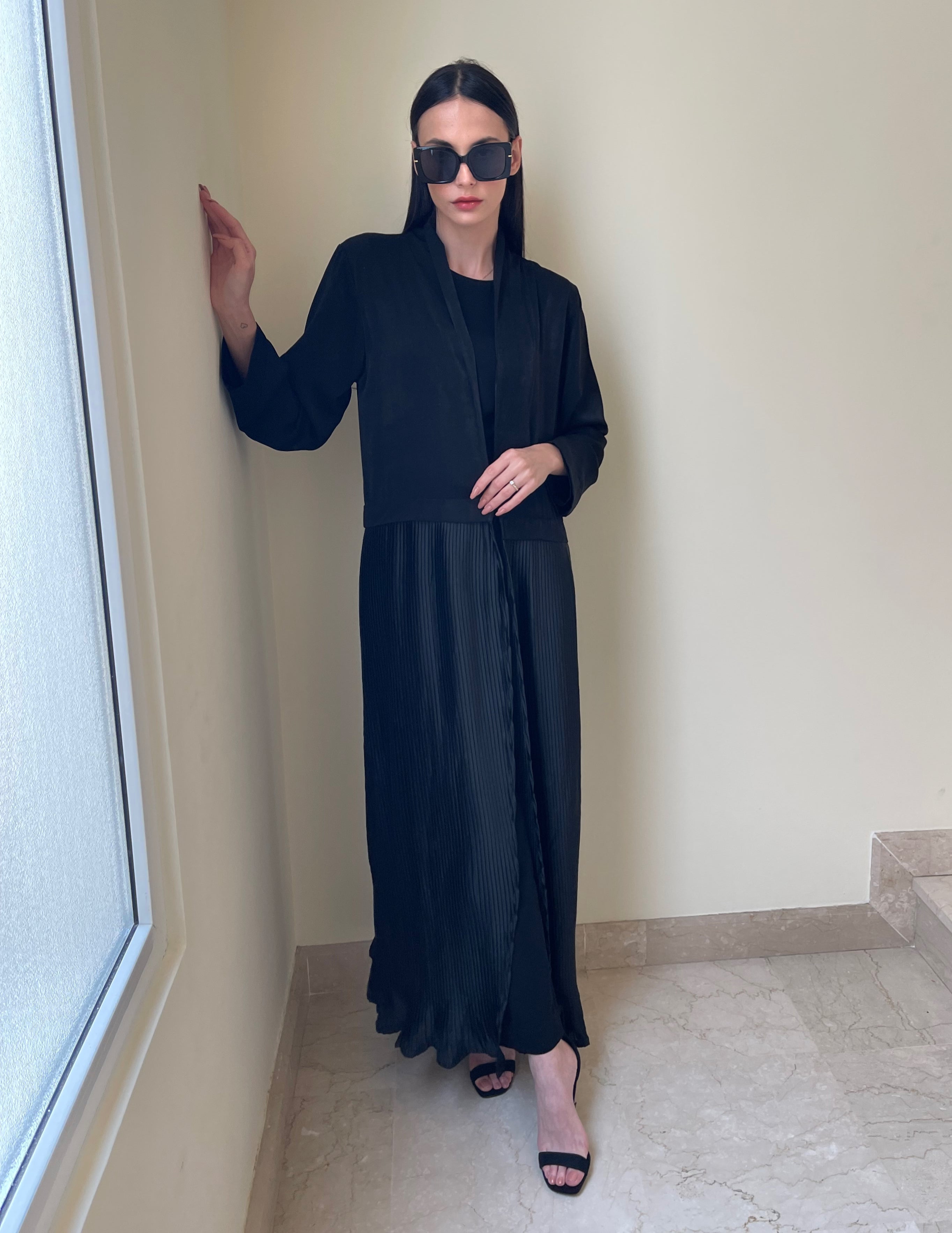 Black Velvet  and Pleated Silk Abaya