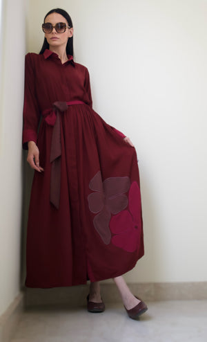 Maroon Flower Applique Dress