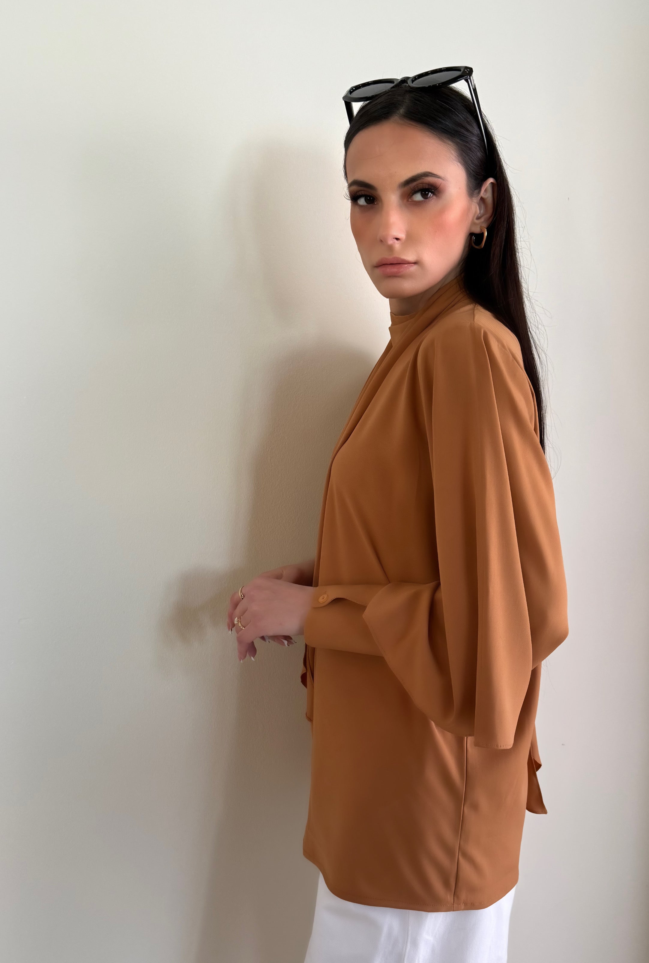 Burnt orange scarf detail blouse