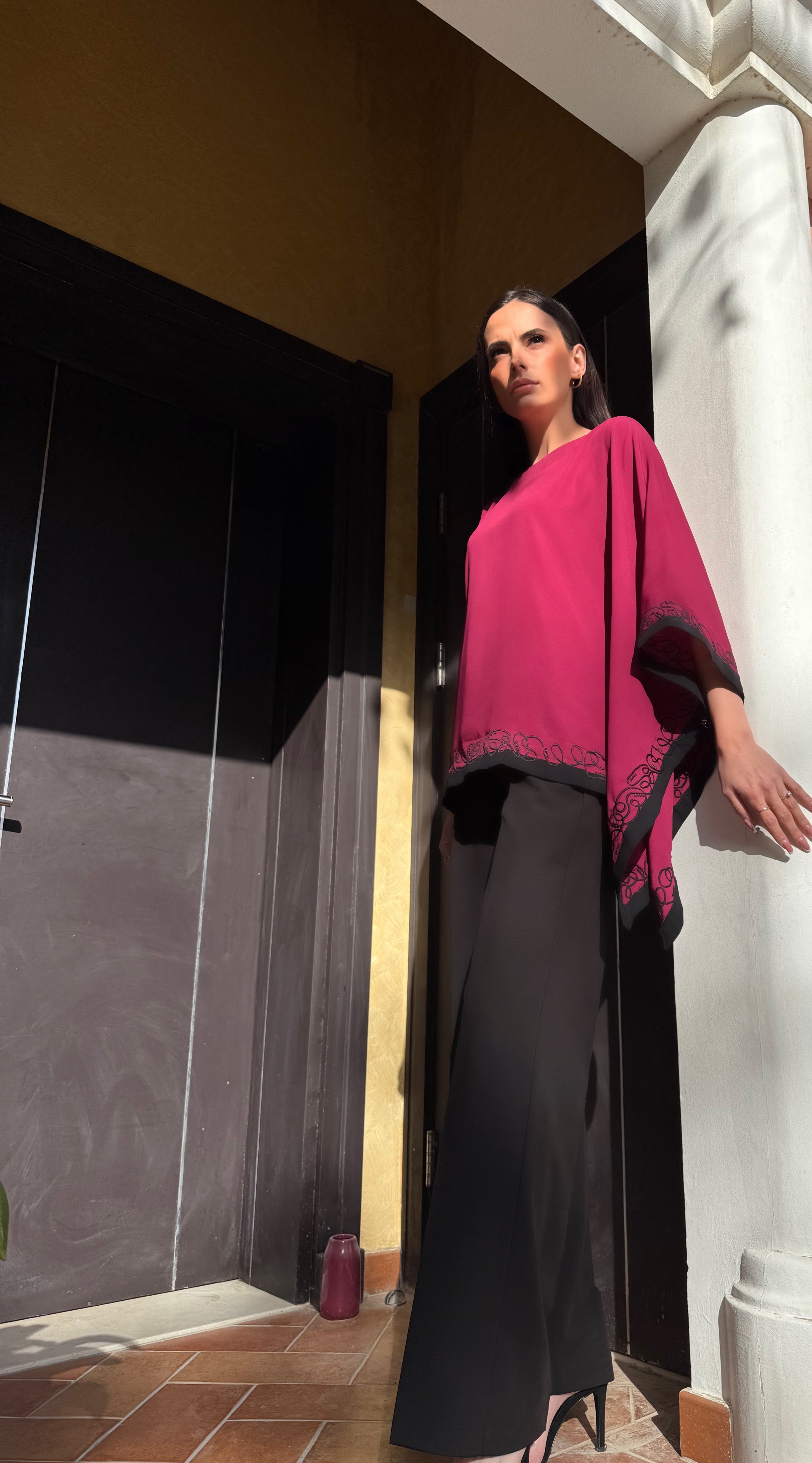 Magenta Pink Embroidered Cape