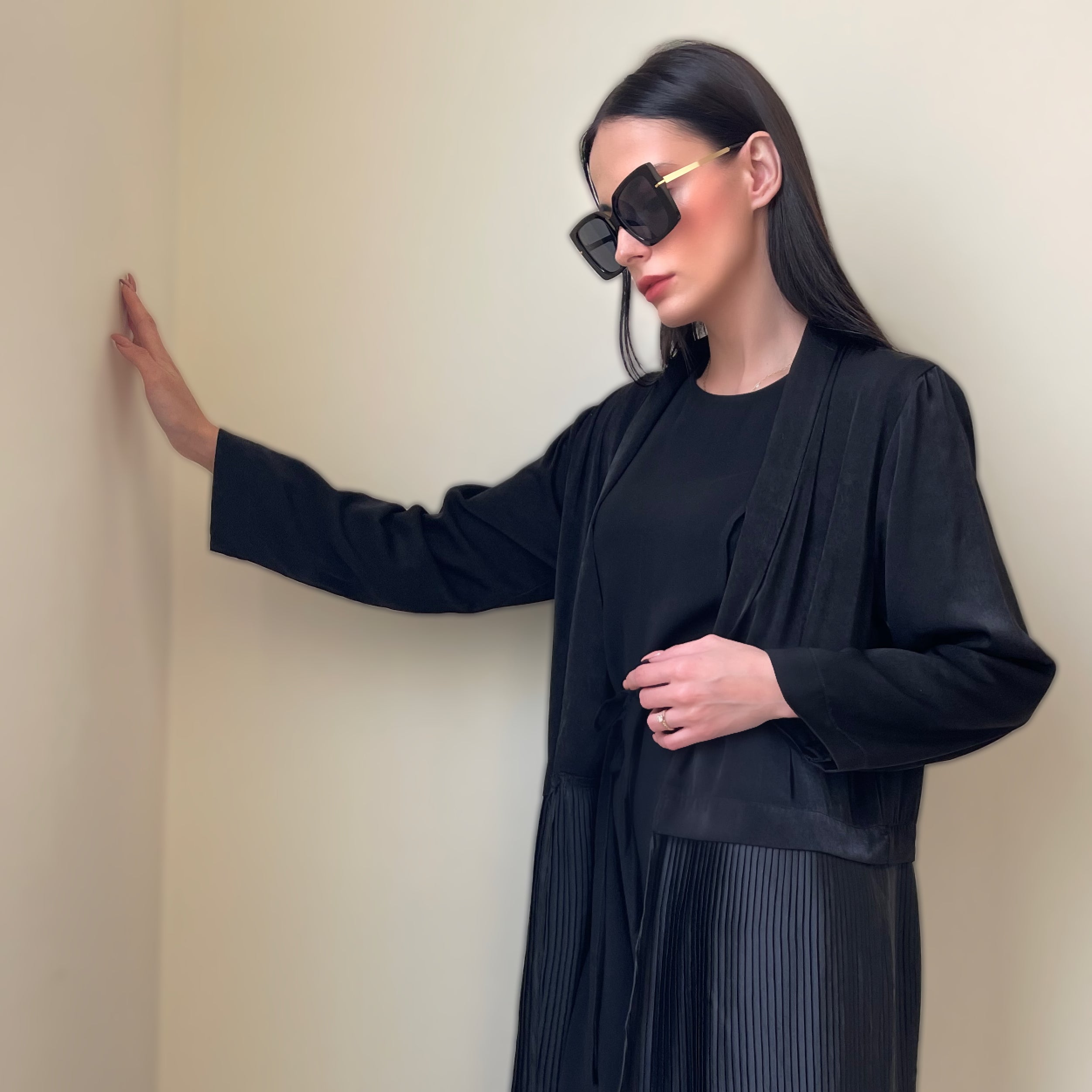 Black Velvet  and Pleated Silk Abaya