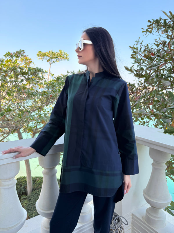 Navy and Green Checkered Print Classic Tunic