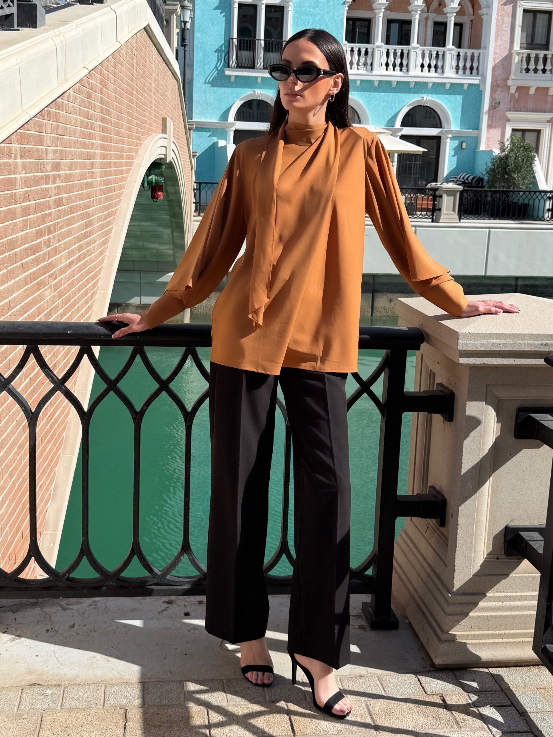 Burnt orange scarf detail blouse