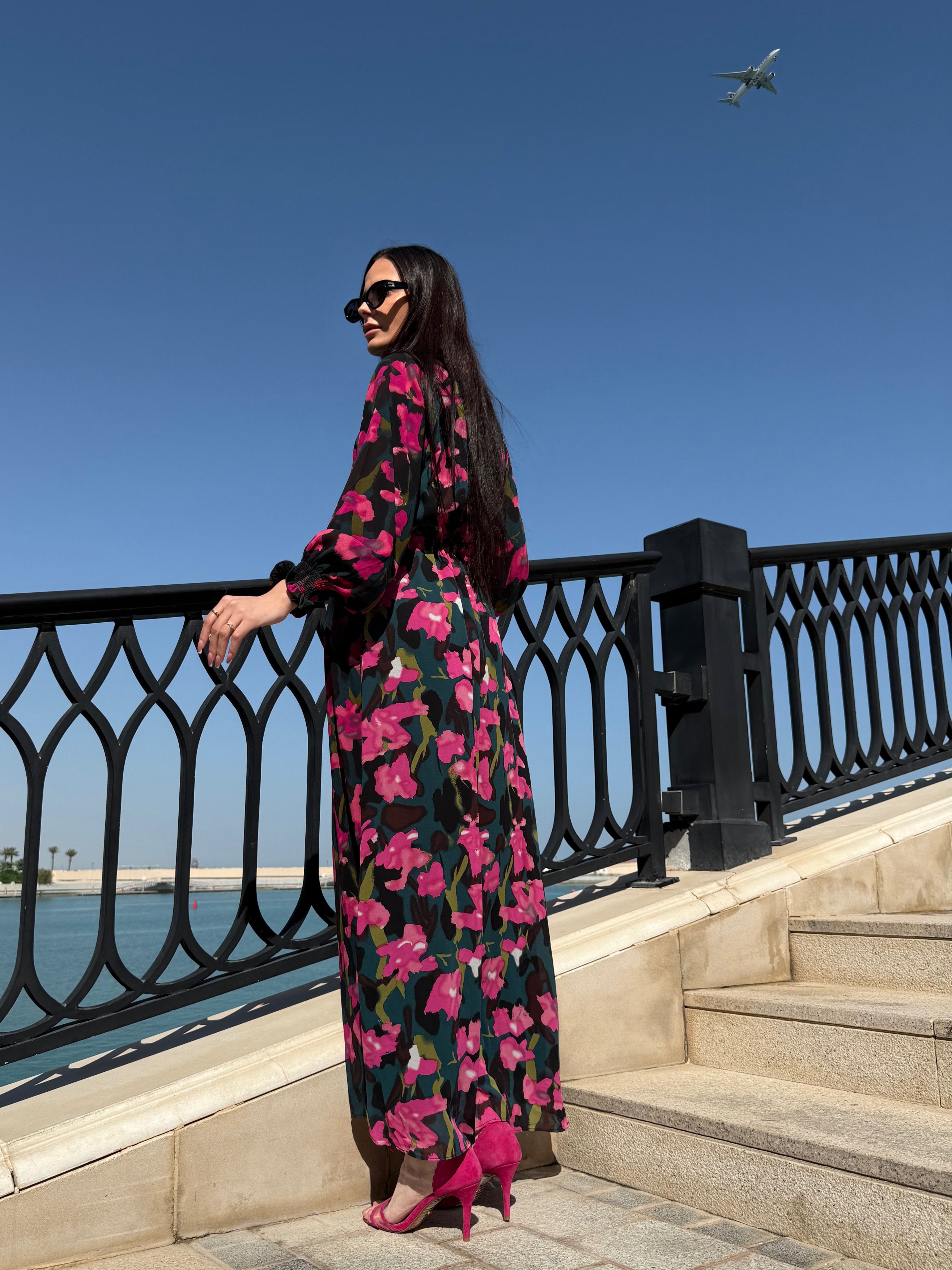 pink and blue chiffon dress Baby Blue Colorblock Chiffon Floral Maxi Dress