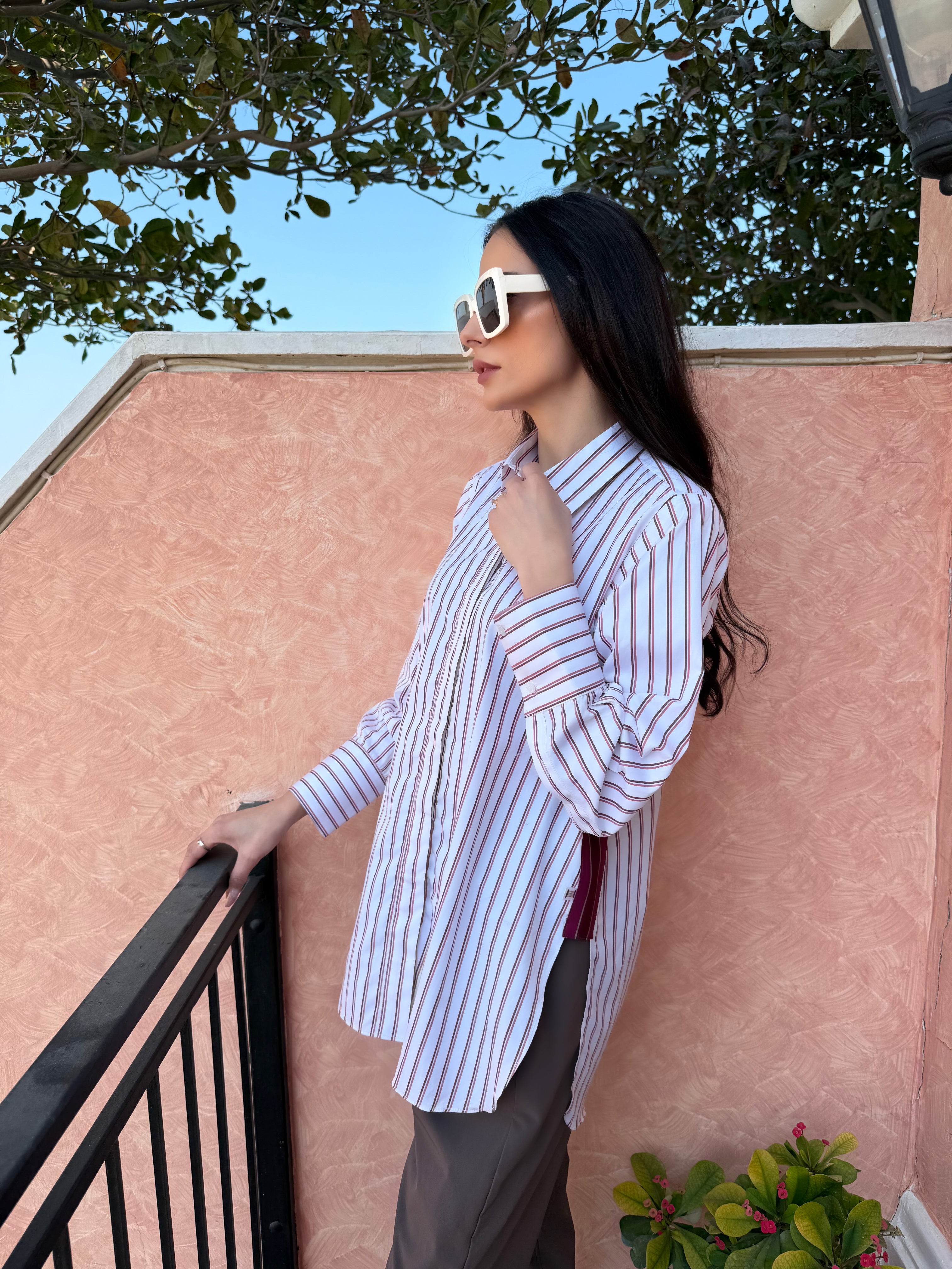 Pink and Brown Striped Button Down Shirt