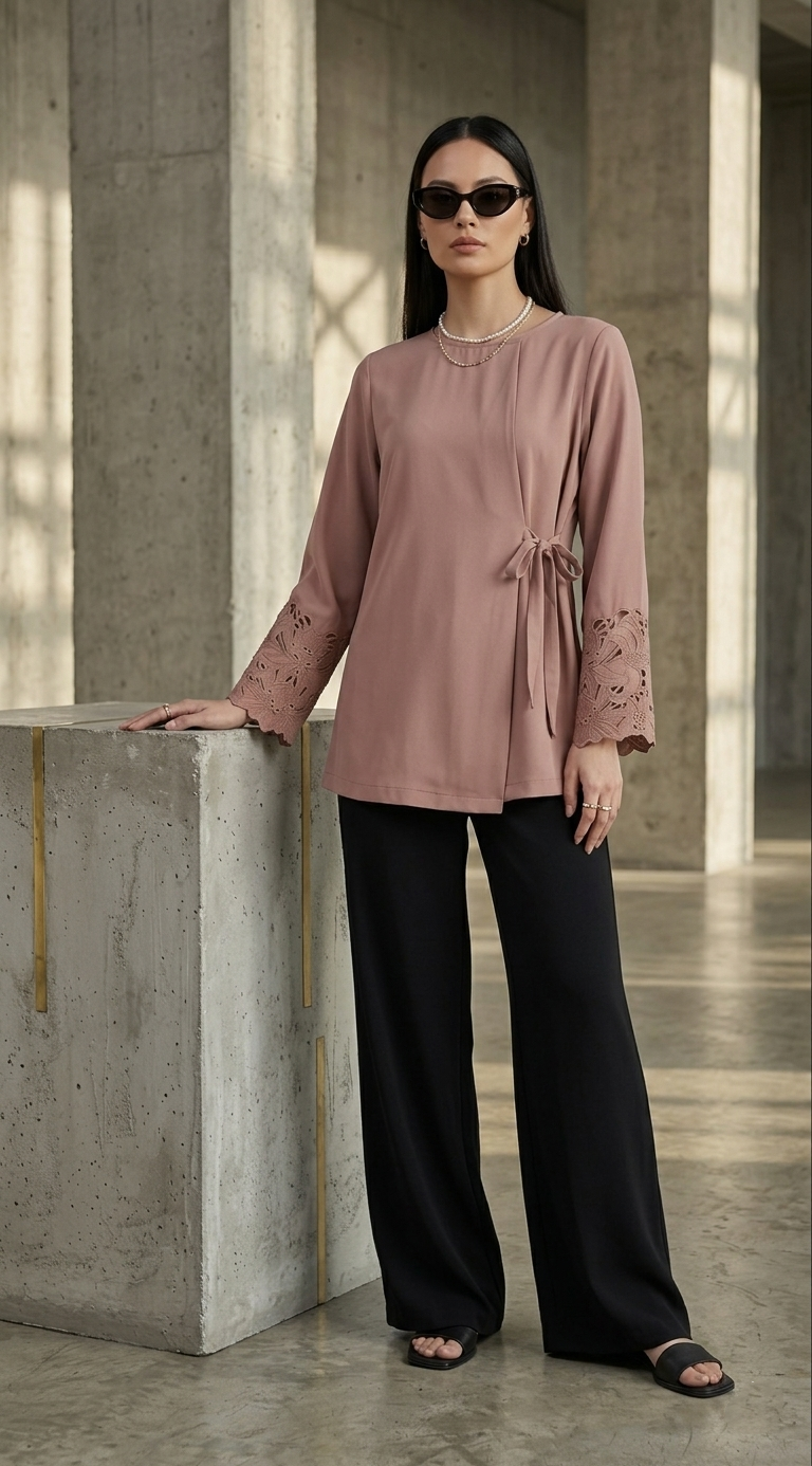 Luxe Dusky Pink Embroidered Side Tie Tunic