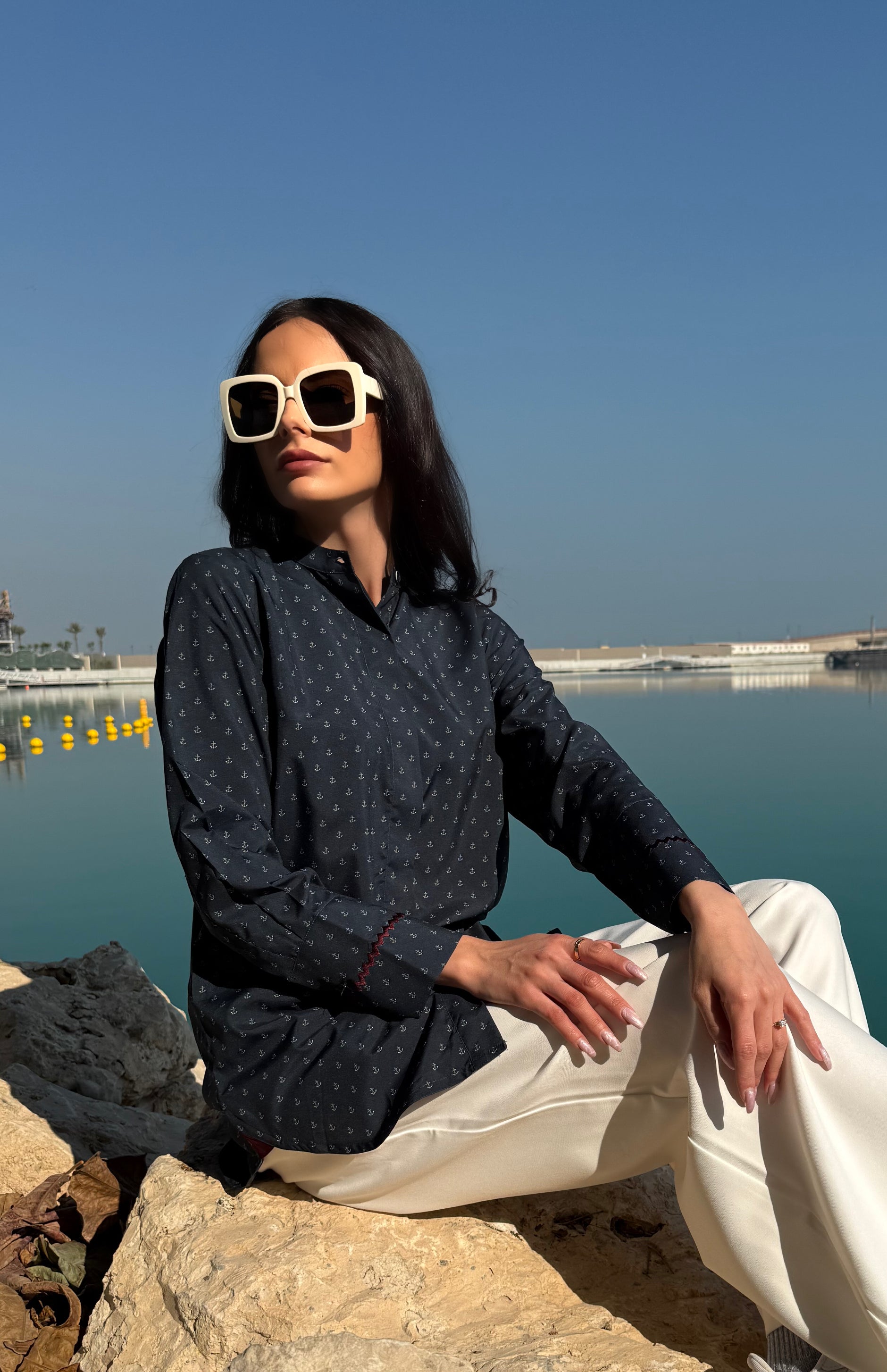 Navy Nautical Print Button Down Tunic