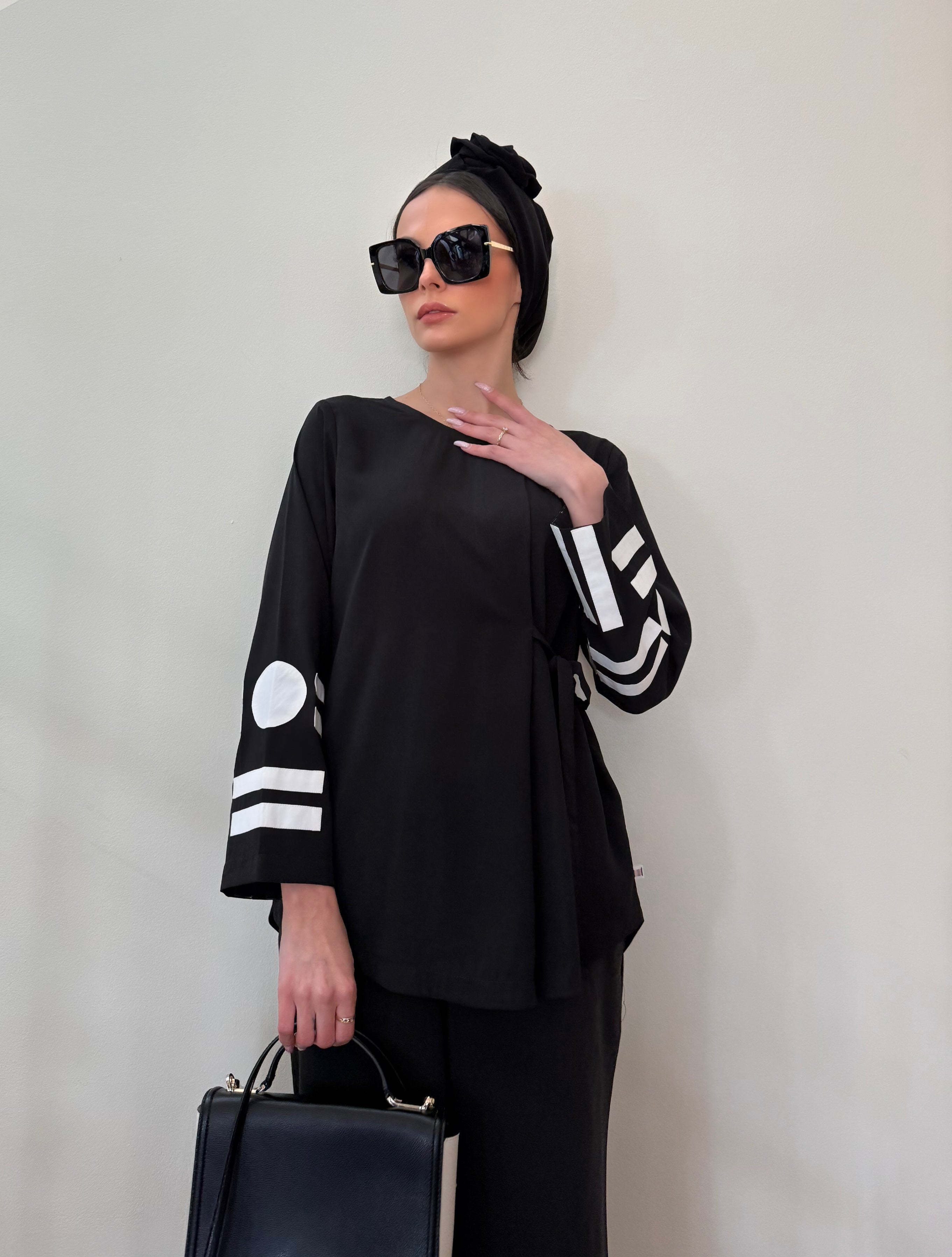 Black Side-Tie Appliqué Tunic