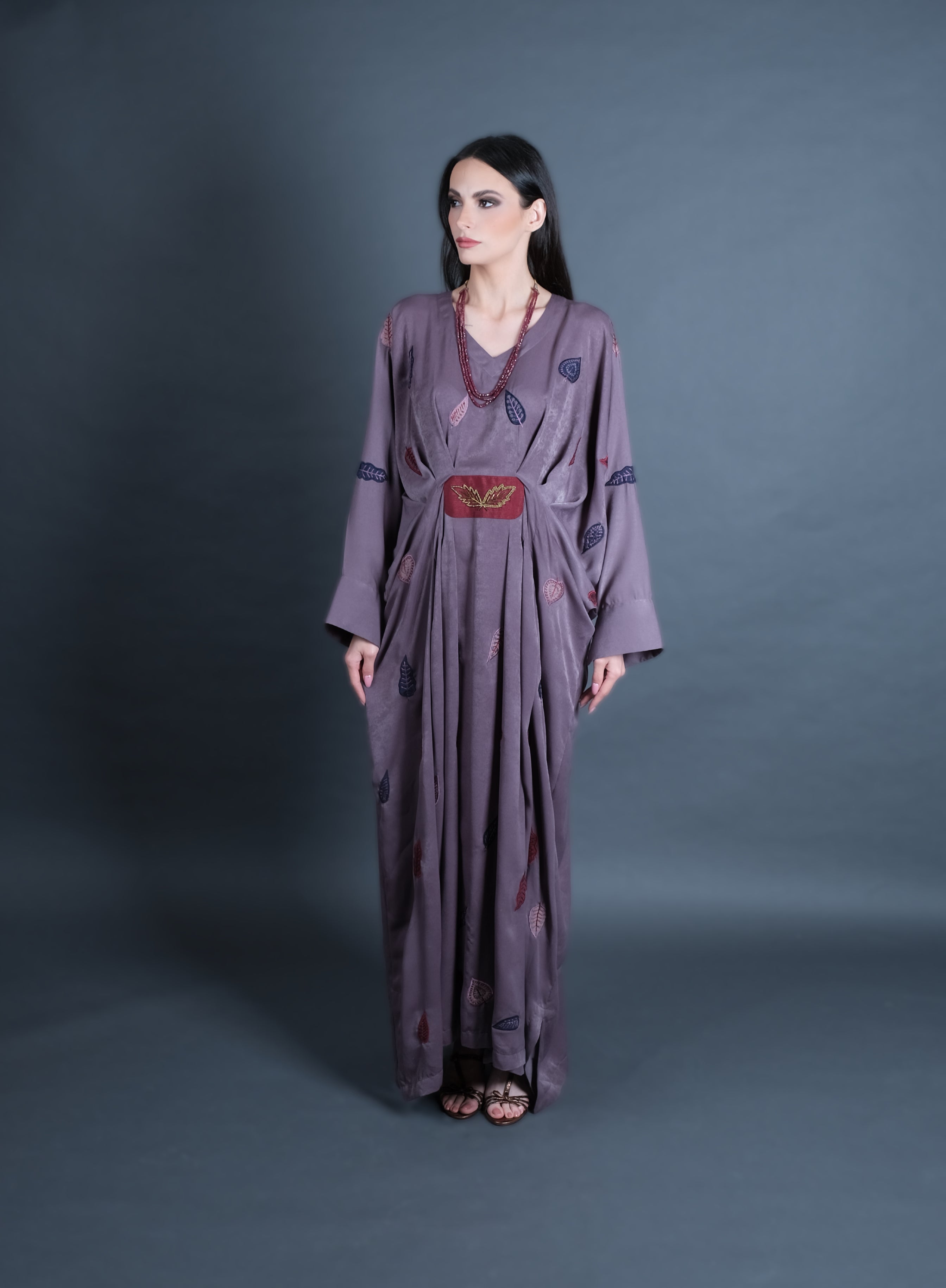 Taupe Velvet Silk Appliqué Kaftan