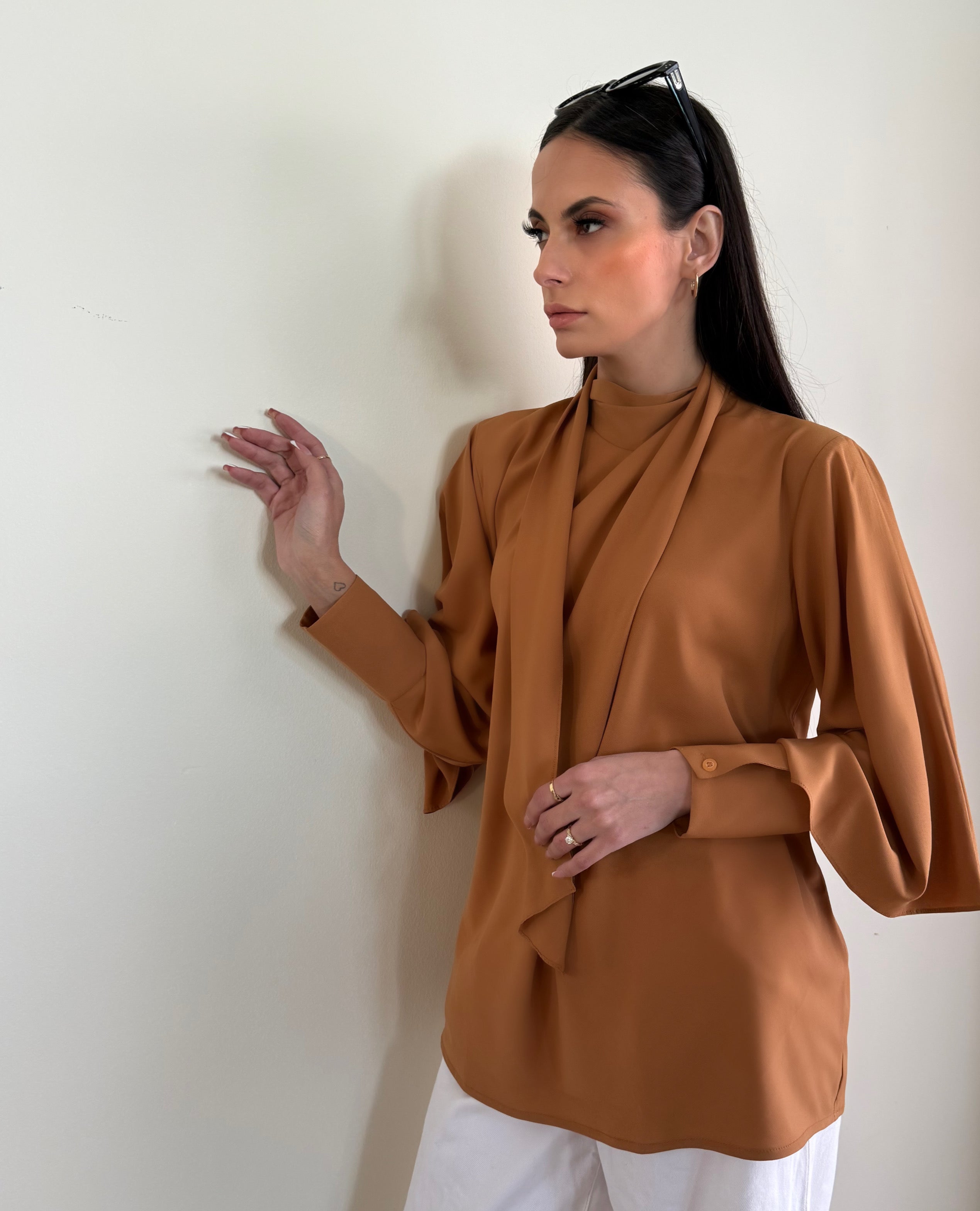 Burnt orange scarf detail blouse