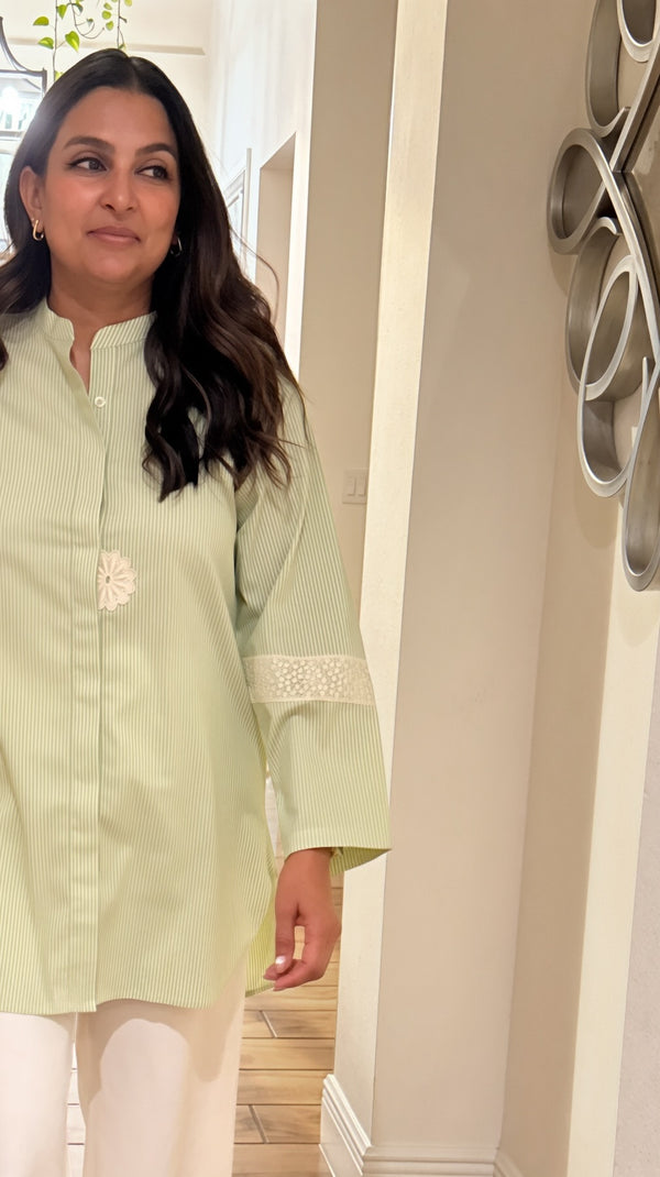 Sage Stripe Lace Detail Tunic