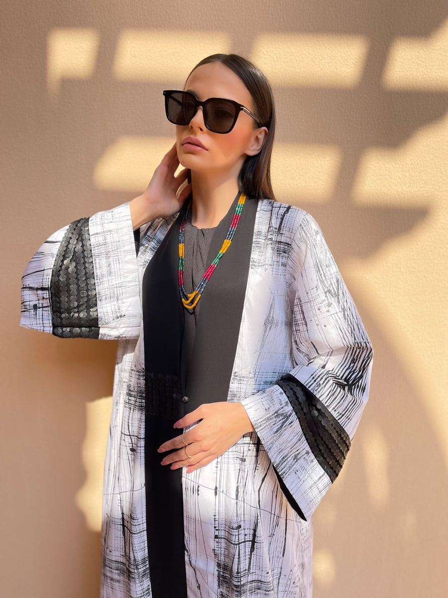 White and Black Print Abaya