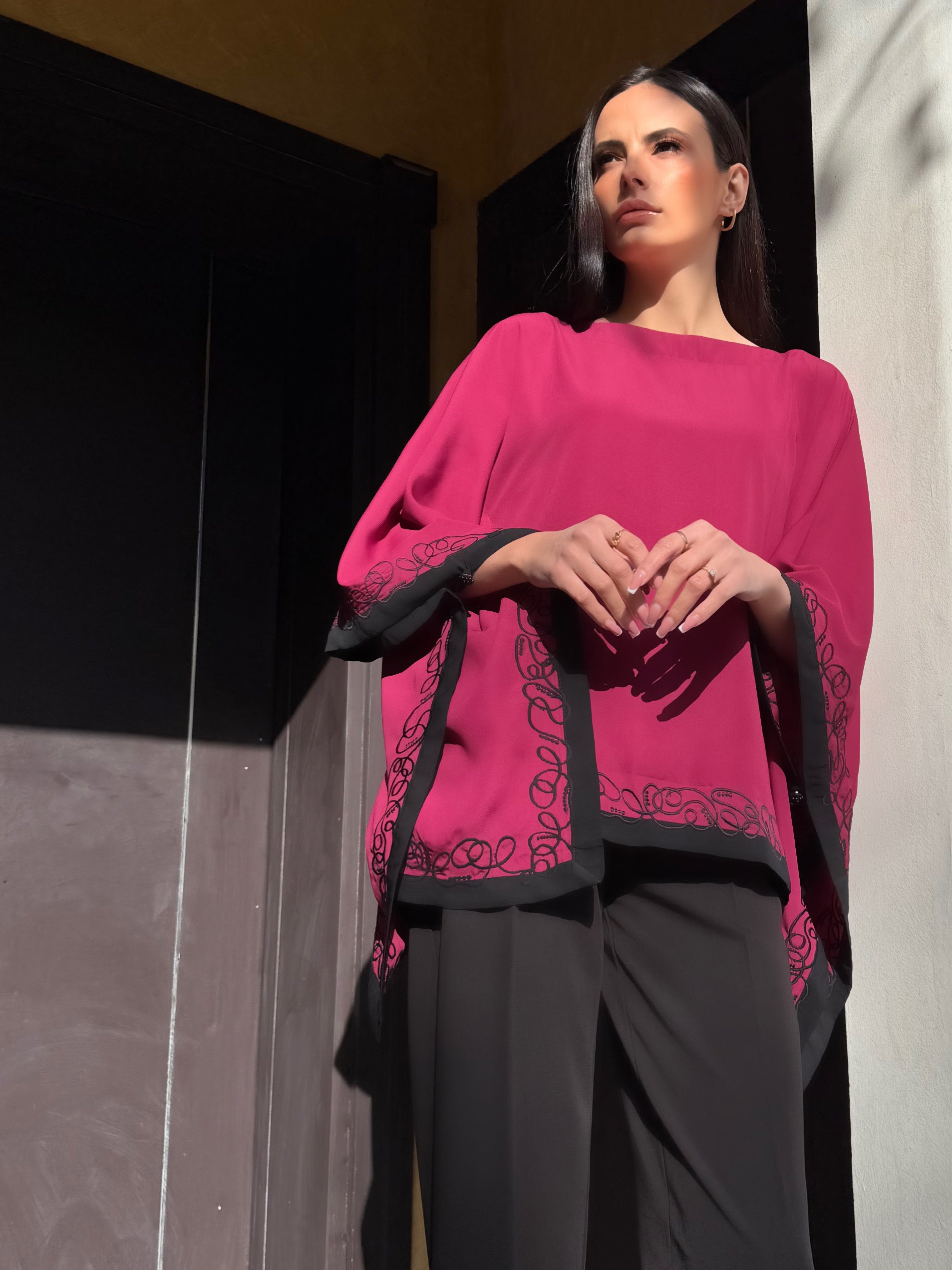 Magenta Pink Embroidered Cape