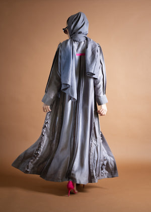 Metallic Grey Raw Silk Abaya Coat